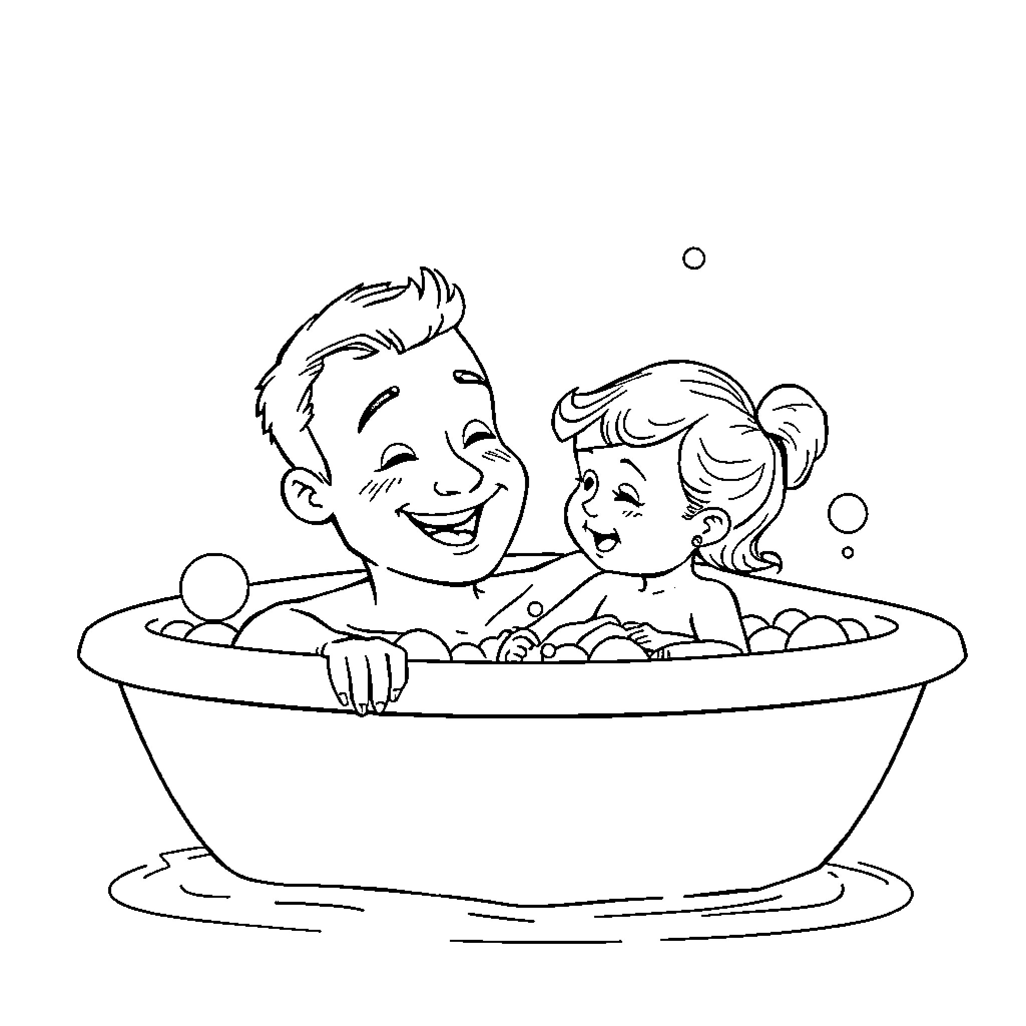 Father and daughter playing in the bathtub Coloring Page (free black-and-white line drawing printable PDF for all, from beginners to advanced learners, including children, teens, adults, and seniors)