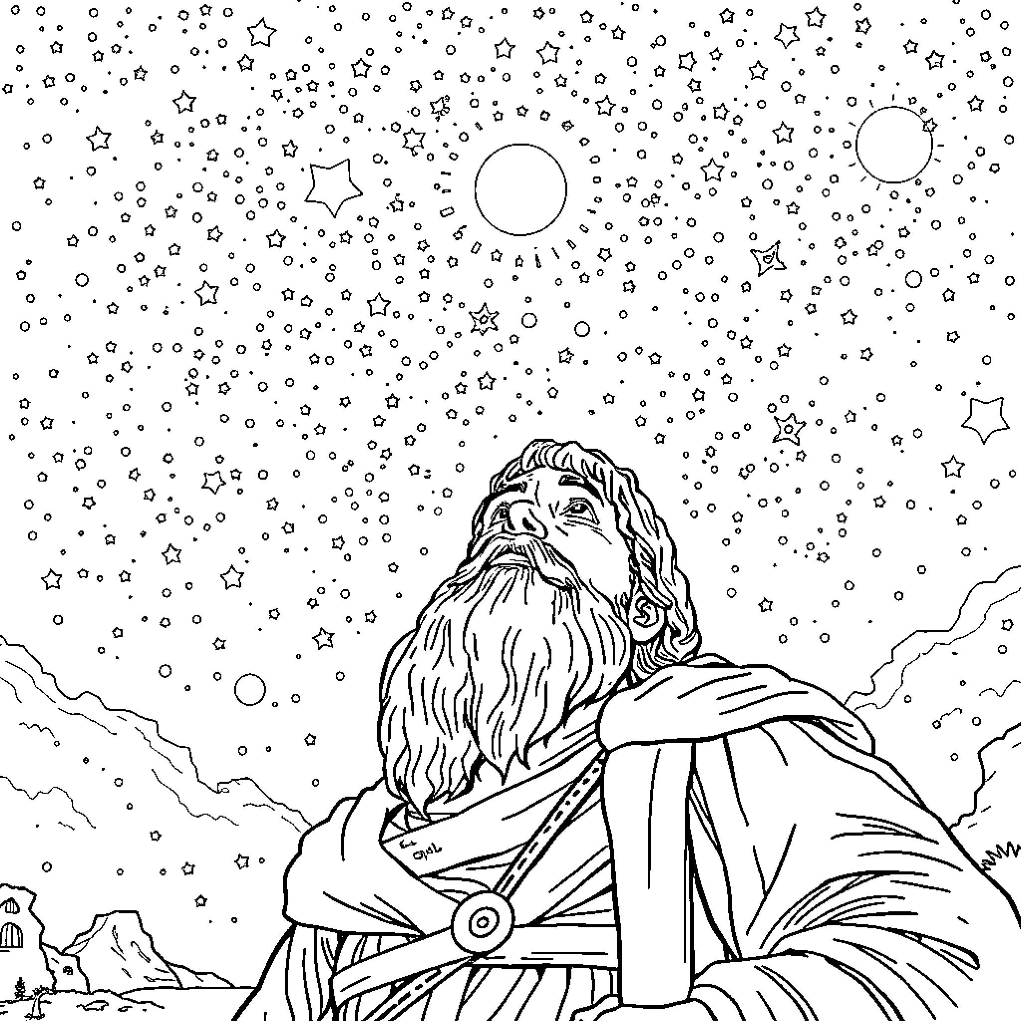 Copernicus Gazing at the Starry Night Sky Coloring Page (free black-and-white line drawing printable PDF for all, from beginners to advanced learners, including children, teens, adults, and seniors)