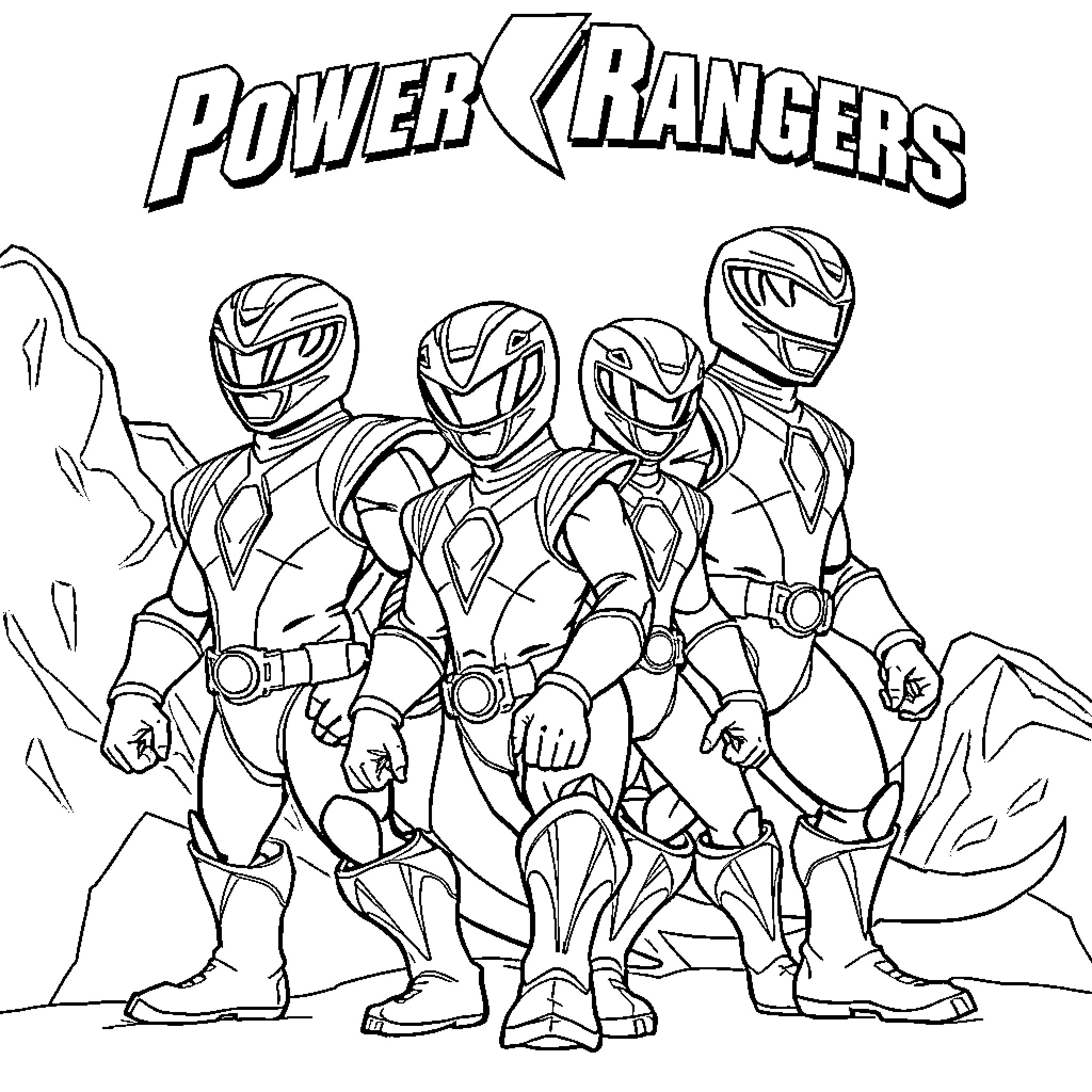 Power Rangers posing in heroic stance Coloring Page (free black-and-white line drawing printable PDF for all, from beginners to advanced learners, including children, teens, adults, and seniors)