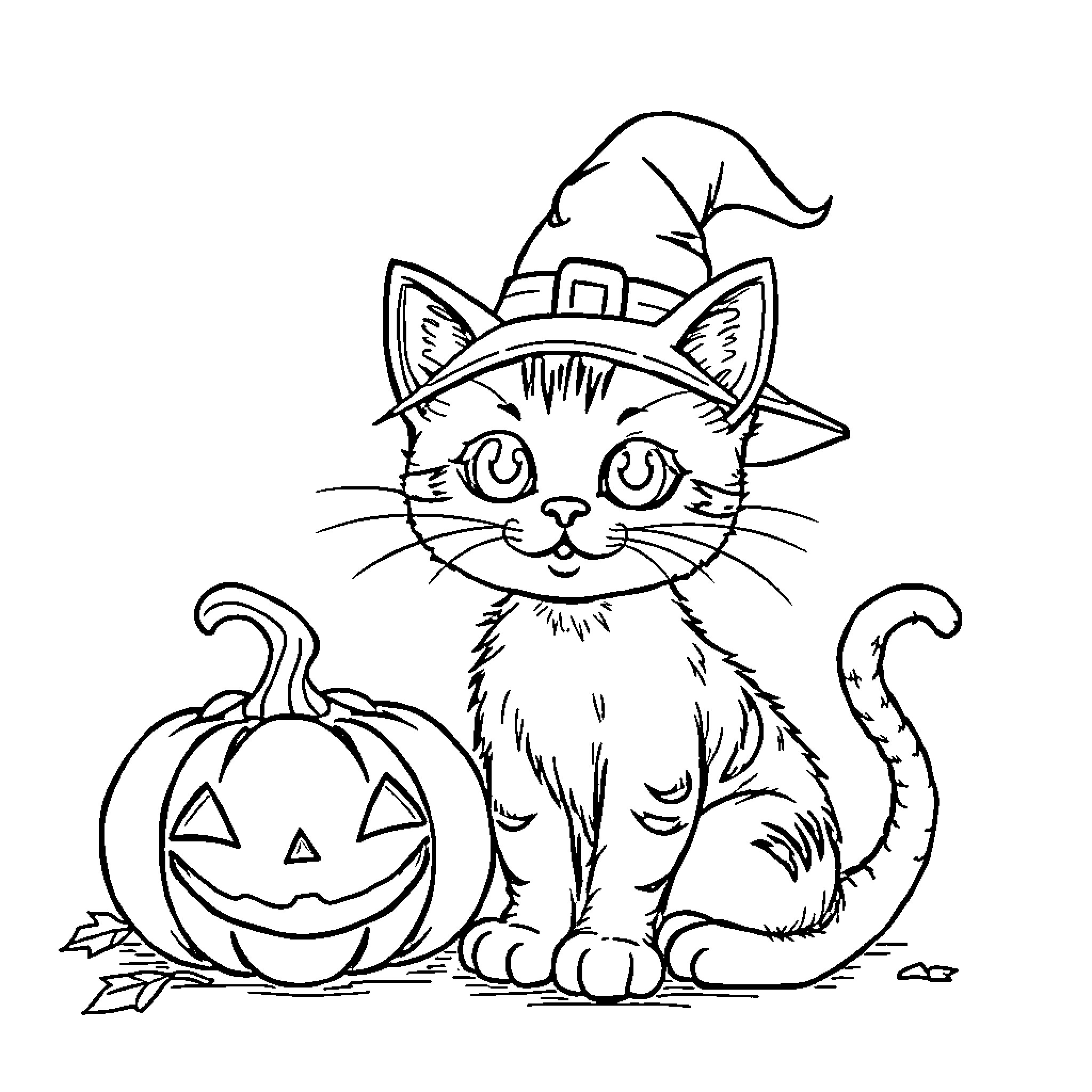 Cat wearing Halloween witch hat with pumpkin Coloring Page (free black-and-white line drawing printable PDF for all, from beginners to advanced learners, including children, teens, adults, and seniors)
