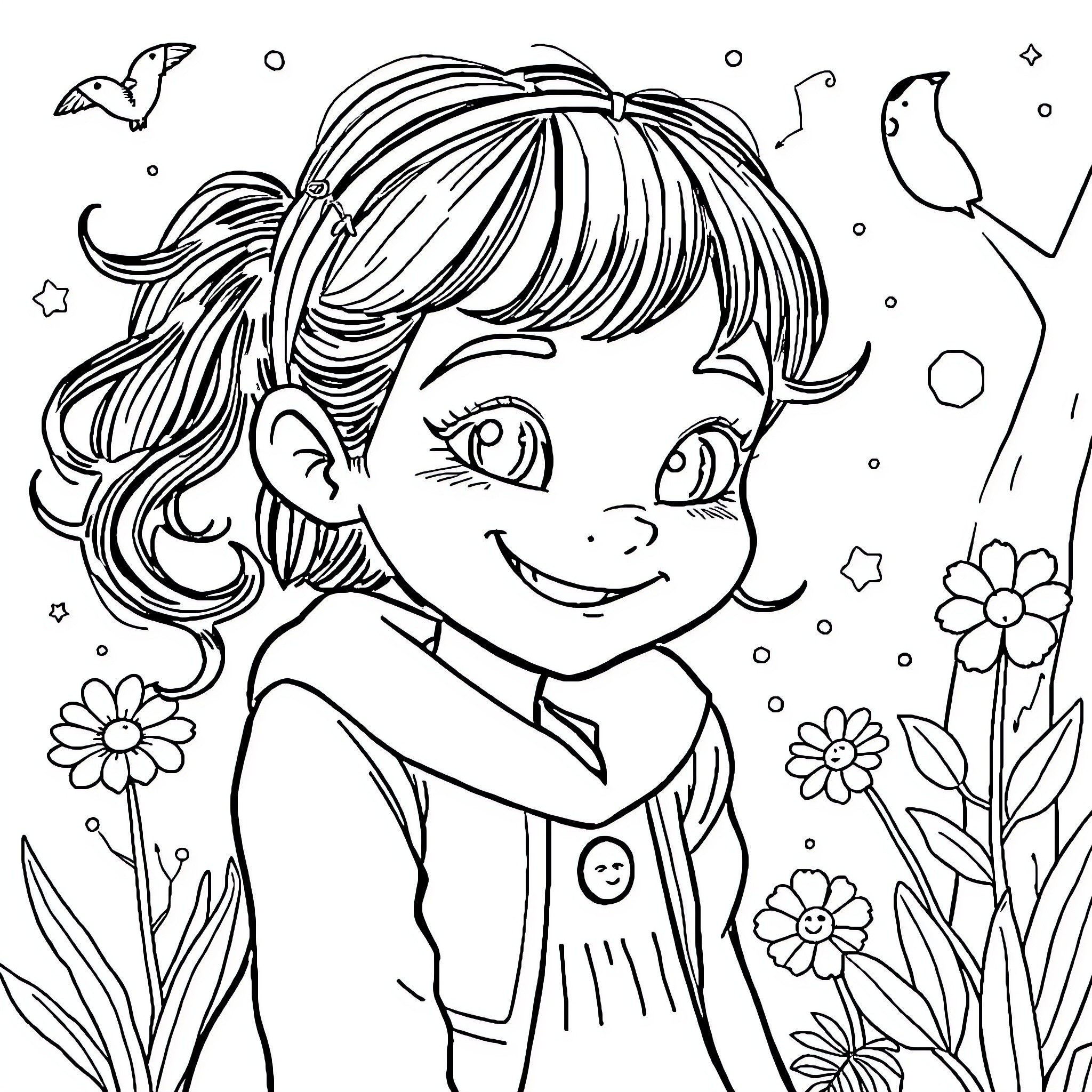 Mortelle Adèle enjoying the whimsical nature Coloring Page (free black-and-white line drawing printable PDF for all, from beginners to advanced learners, including children, teens, adults, and seniors)