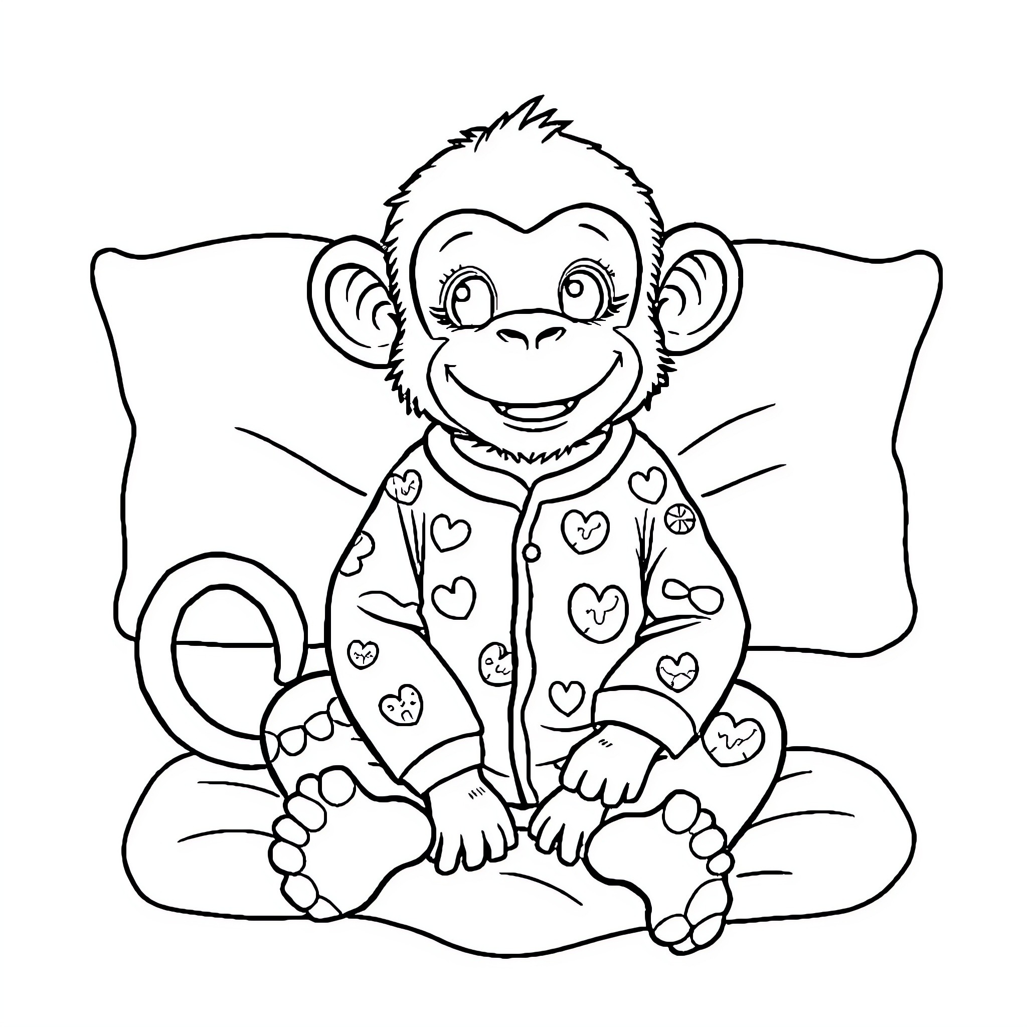 Monkey happily sitting on a pillow Coloring Page (free black-and-white line drawing printable PDF for all, from beginners to advanced learners, including children, teens, adults, and seniors)