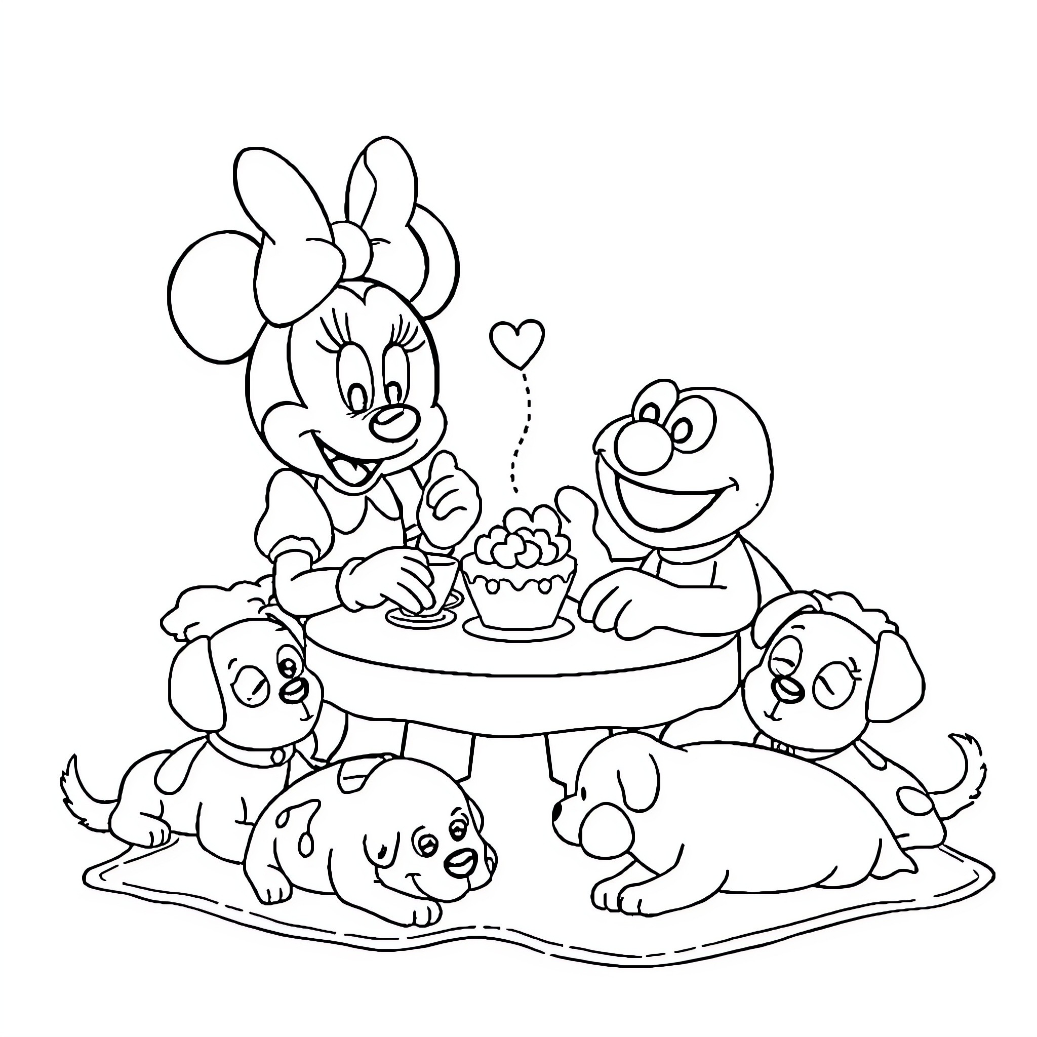Minnie Mouse and friends enjoy a tea party with pets Coloring Page (free black-and-white line drawing printable PDF for all, from beginners to advanced learners, including children, teens, adults, and seniors)