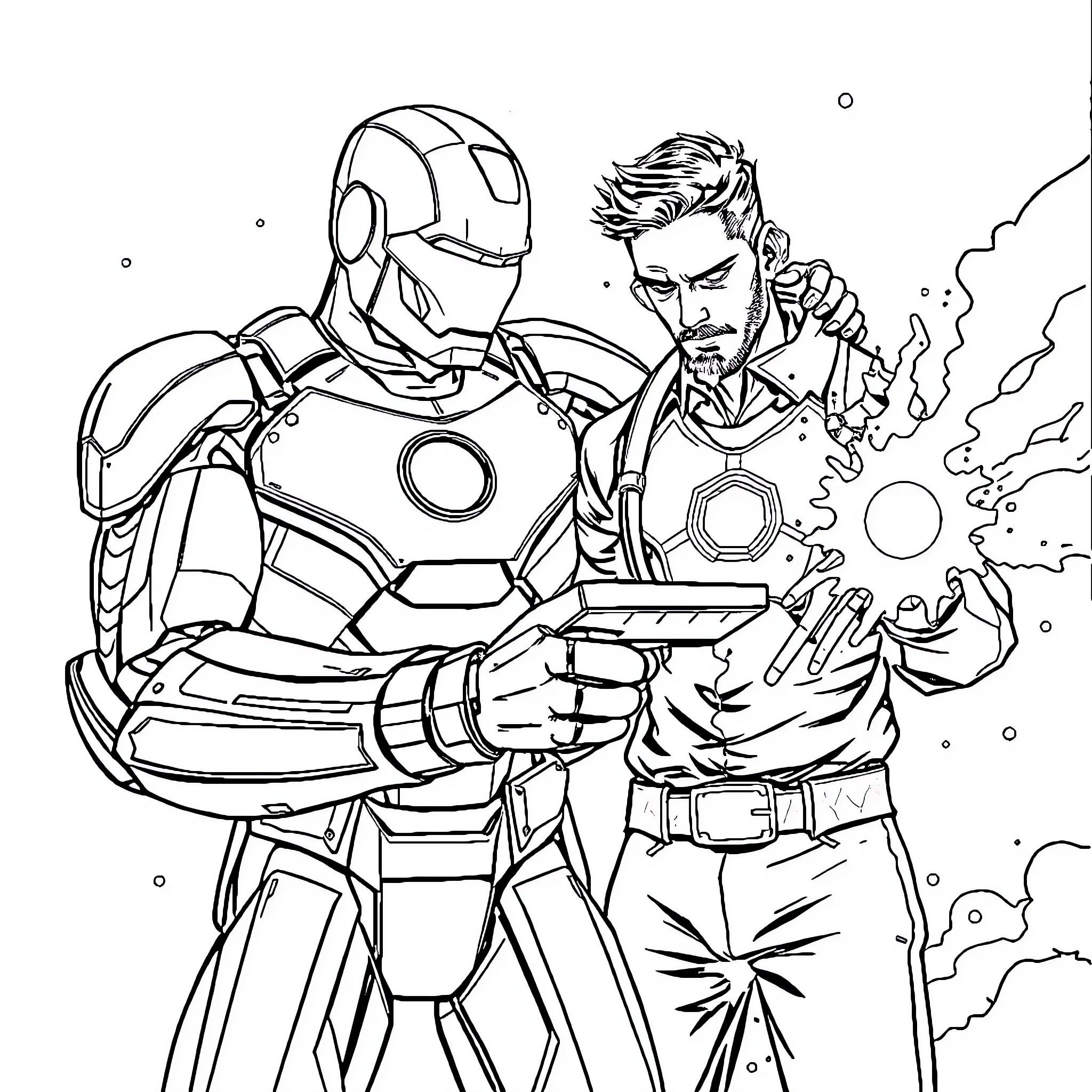 Ironman and Iron Man Assisting in Heroic Action Coloring Page (free black-and-white line drawing printable PDF for all, from beginners to advanced learners, including children, teens, adults, and seniors)