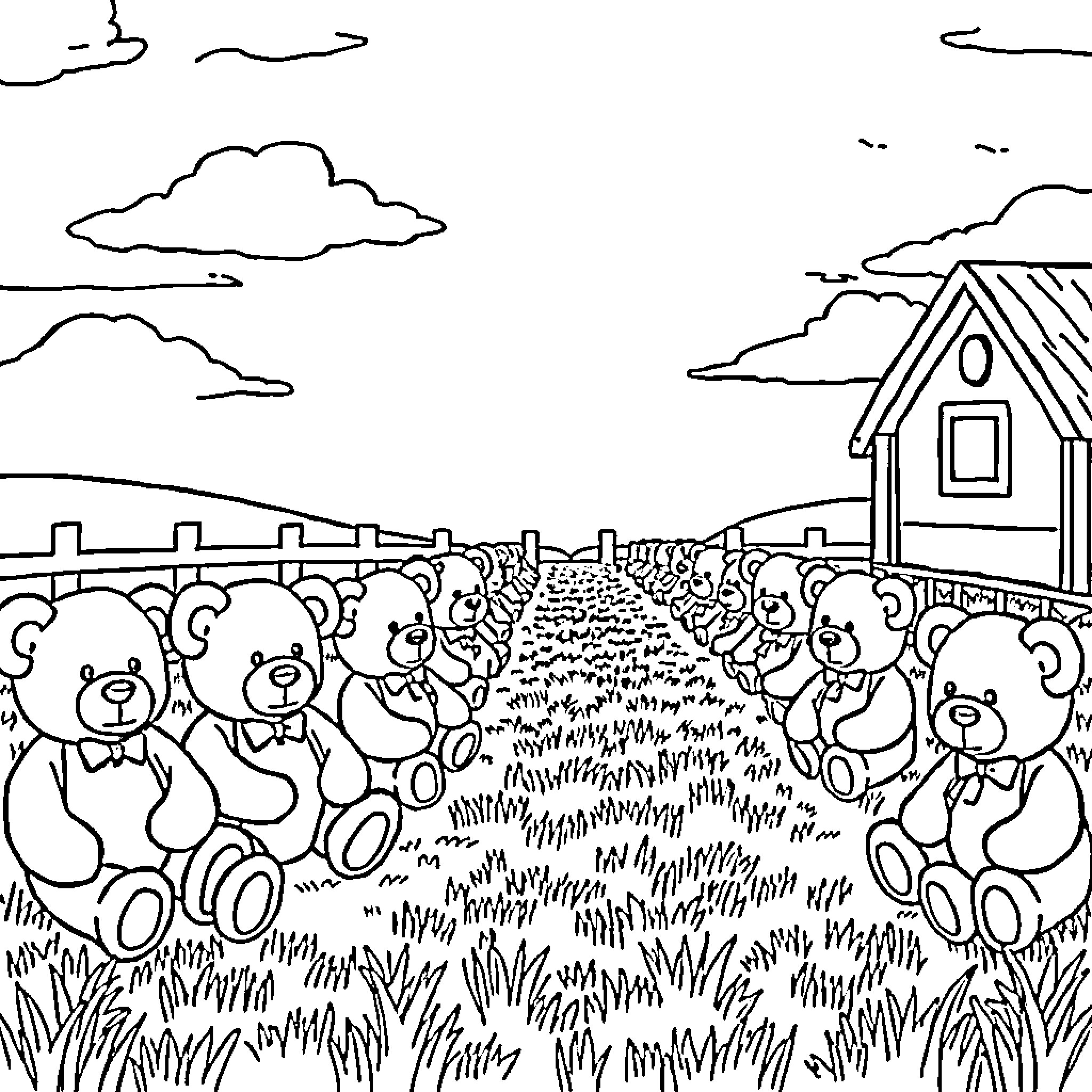 Teddy Bears Enjoying a Picnic in the Countryside Coloring Page (free black-and-white line drawing printable PDF for all, from beginners to advanced learners, including children, teens, adults, and seniors)