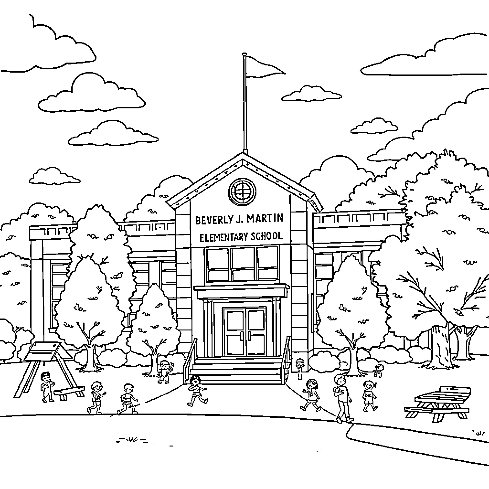 School scene with students and flag Coloring Page (free black-and-white line drawing printable PDF for all, from beginners to advanced learners, including children, teens, adults, and seniors)