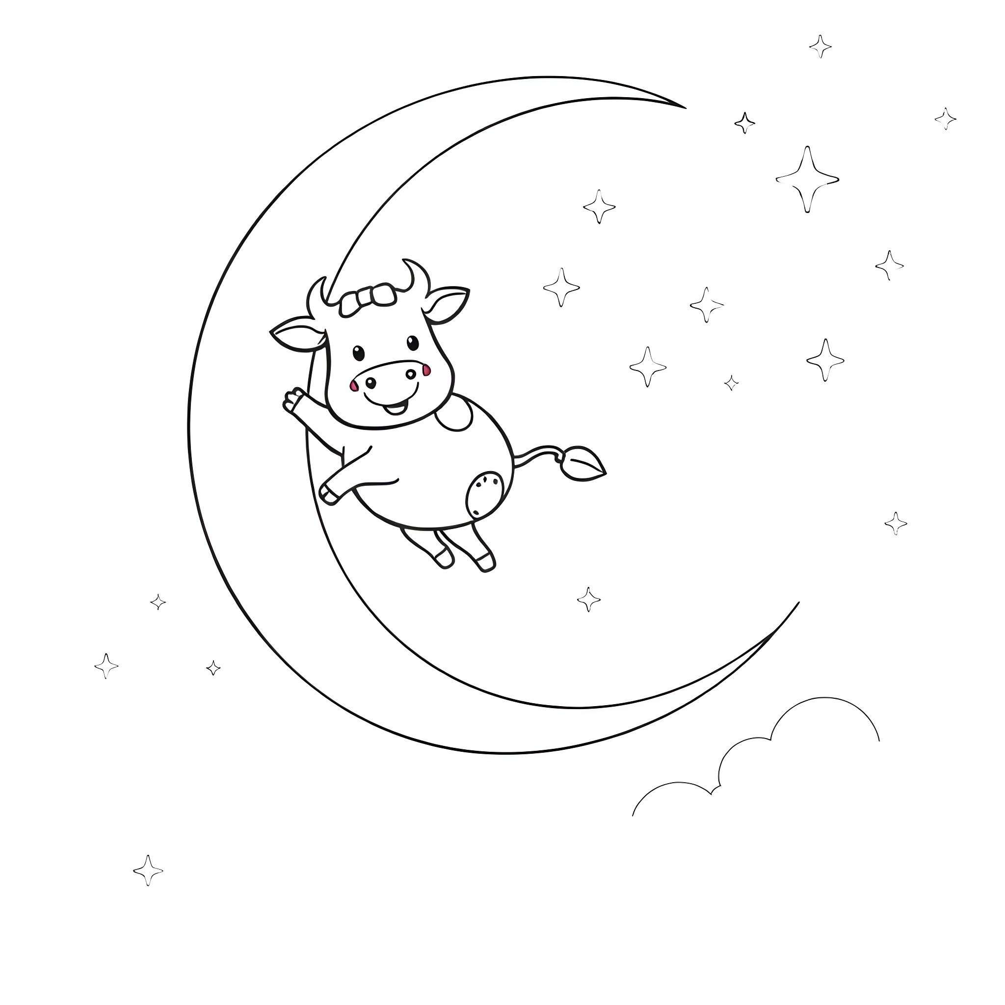 Cow jumping over the moon with stars Coloring Page (free black-and-white line drawing printable PDF for all, from beginners to advanced learners, including children, teens, adults, and seniors)