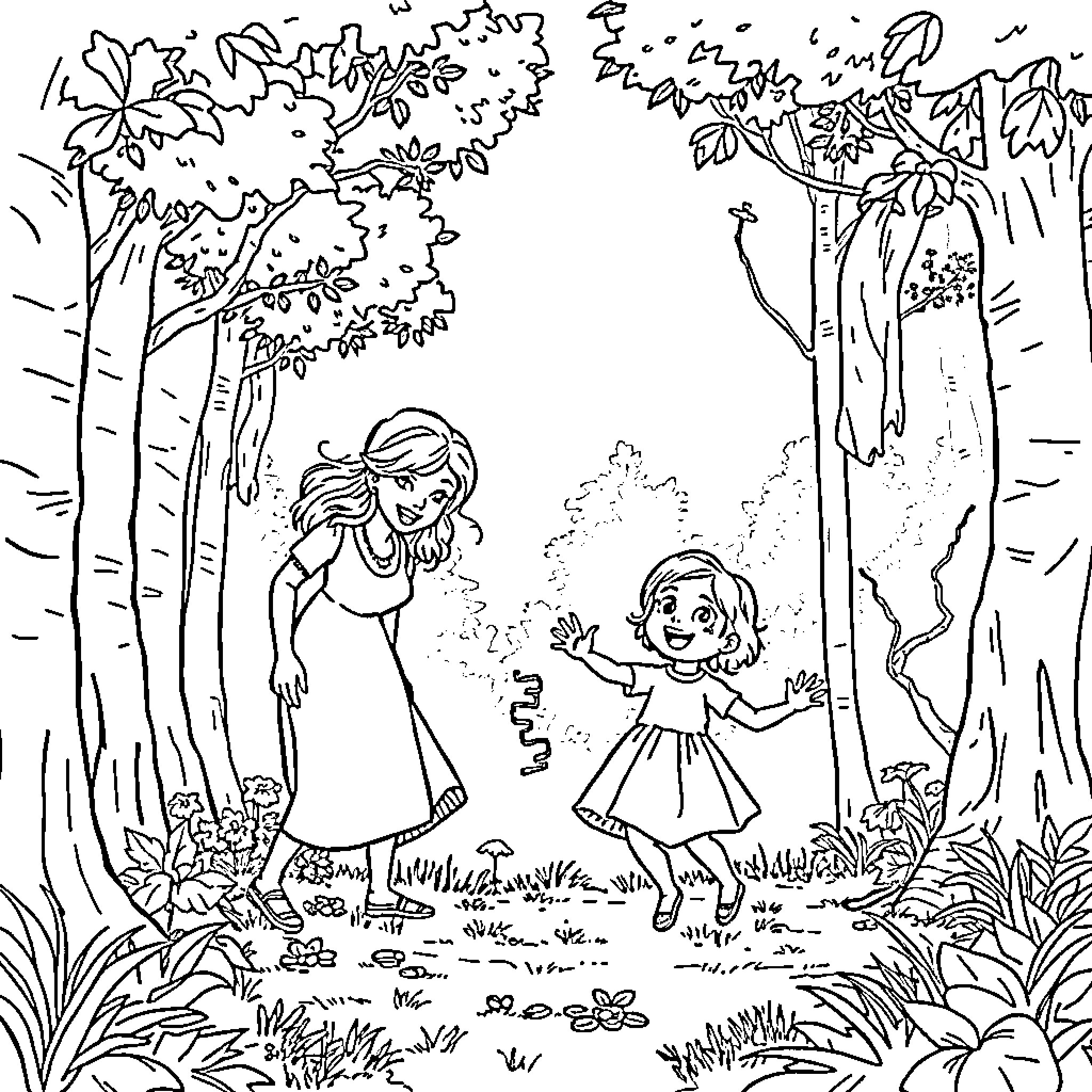 Snow White and the Cheerful Girl in the Forest Coloring Page (free black-and-white line drawing printable PDF for all, from beginners to advanced learners, including children, teens, adults, and seniors)