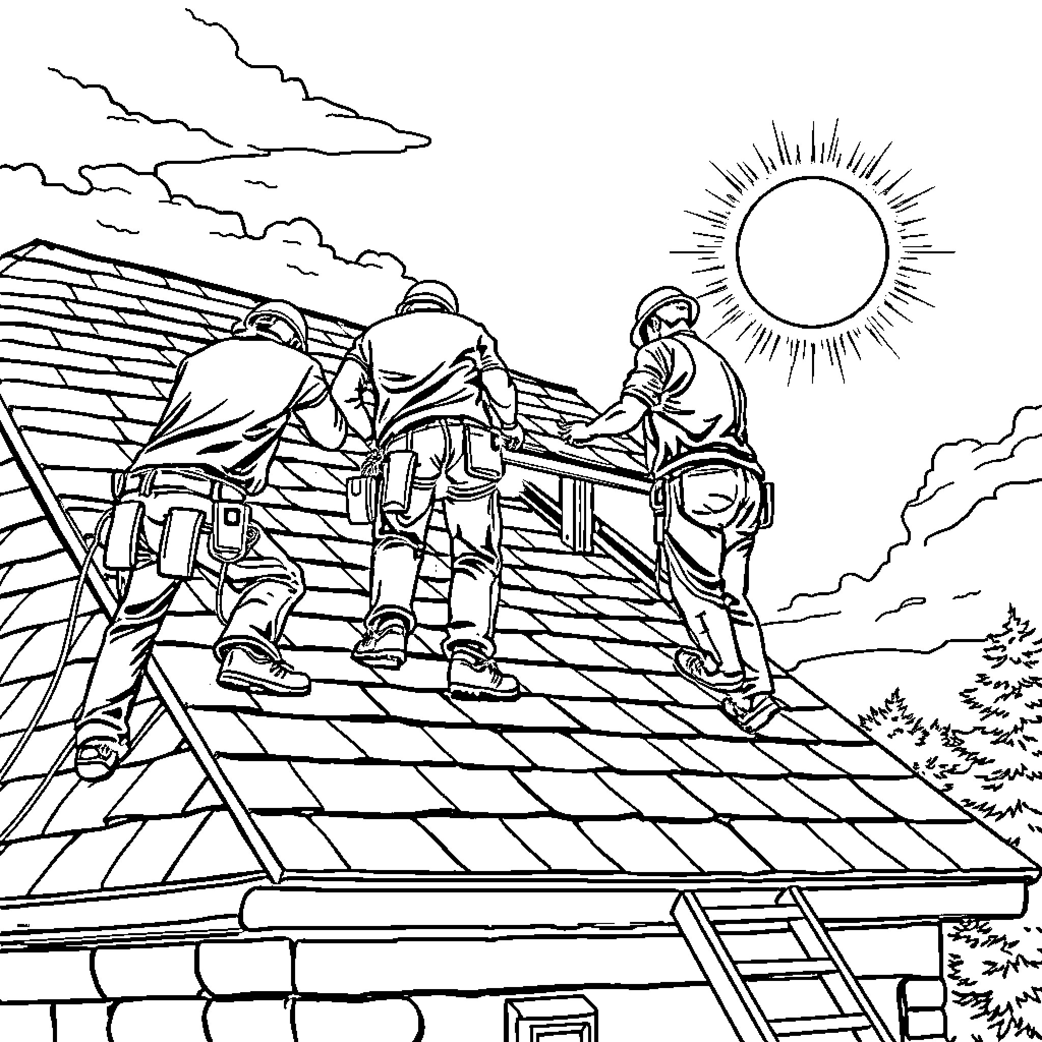 Roofer crew working on a roof under the sun Coloring Page (free black-and-white line drawing printable PDF for all, from beginners to advanced learners, including children, teens, adults, and seniors)