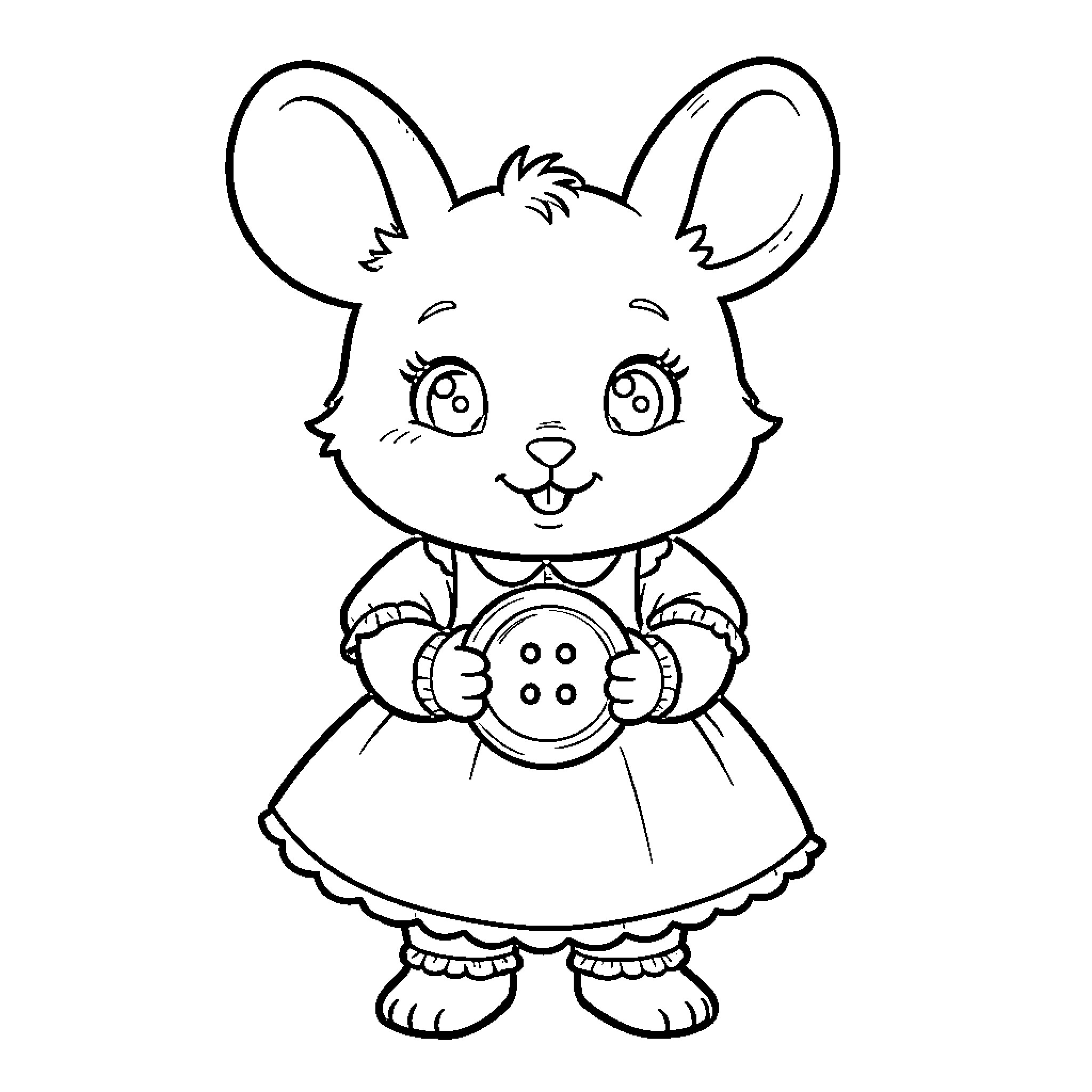 Sewing Mouse in Dress Holding Button Coloring Page (free black-and-white line drawing printable PDF for all, from beginners to advanced learners, including children, teens, adults, and seniors)