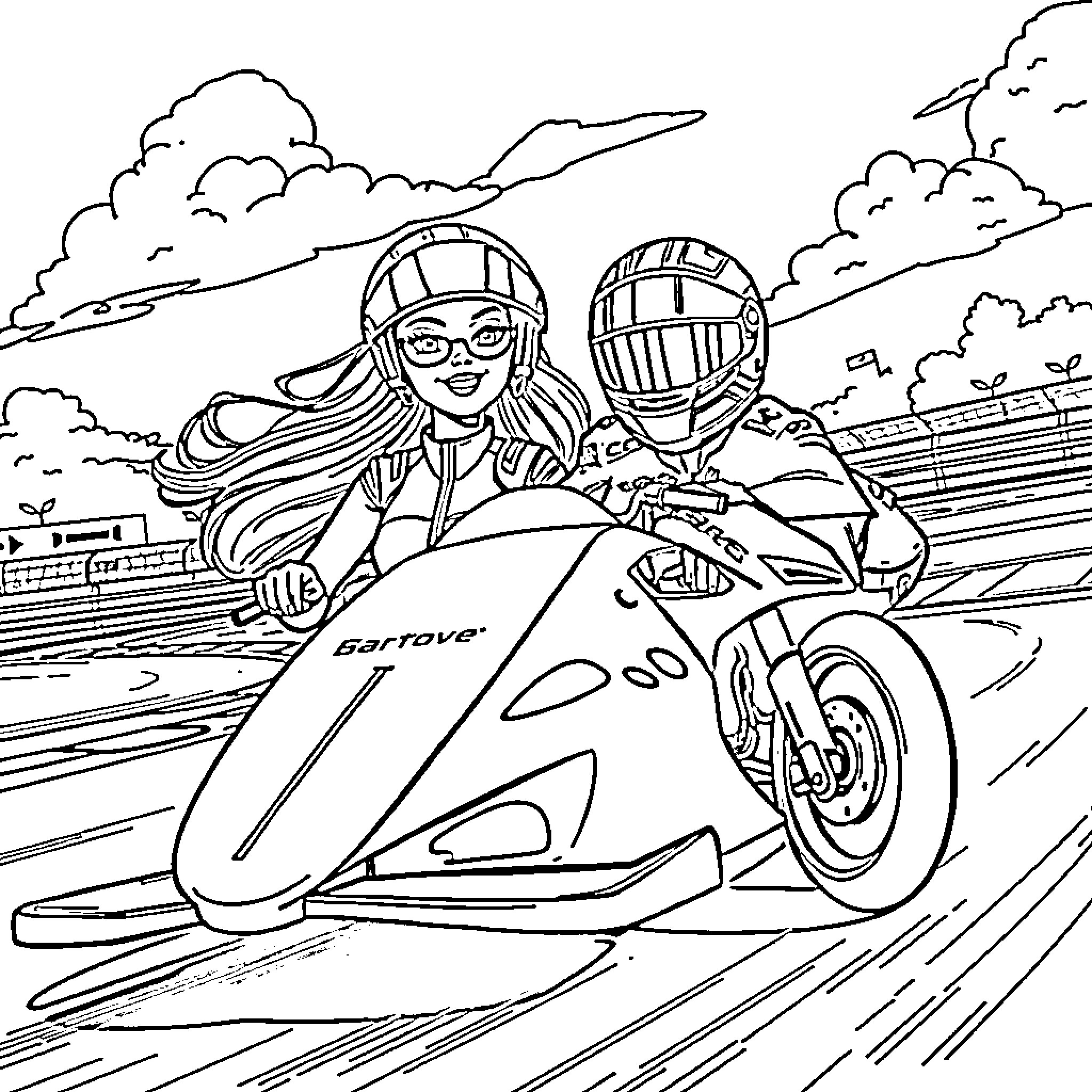 Barbie riding a motorcycle with a friend Coloring Page (free black-and-white line drawing printable PDF for all, from beginners to advanced learners, including children, teens, adults, and seniors)