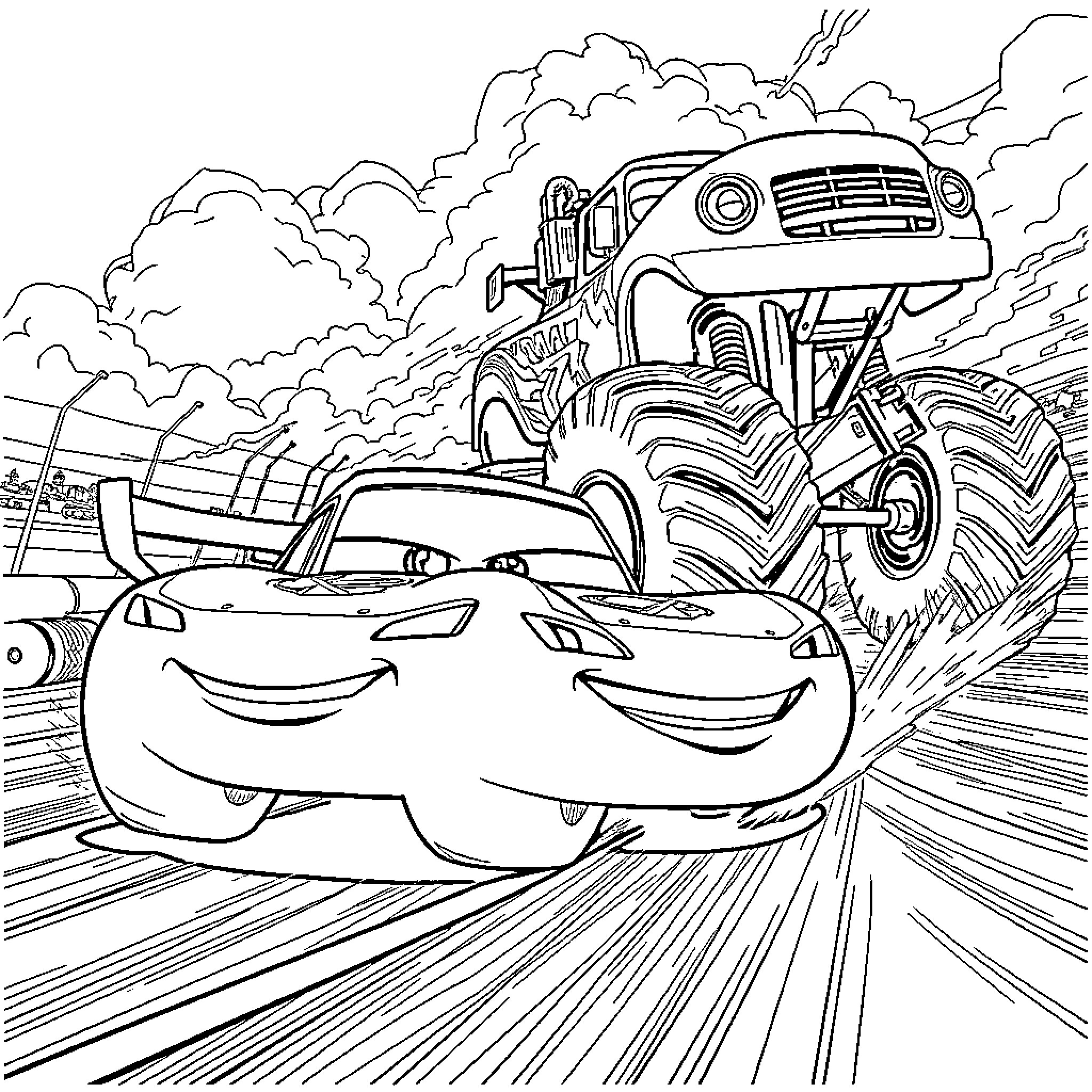 Lightning McQueen racing against a Monster Truck Coloring Page (free black-and-white line drawing printable PDF for all, from beginners to advanced learners, including children, teens, adults, and seniors)