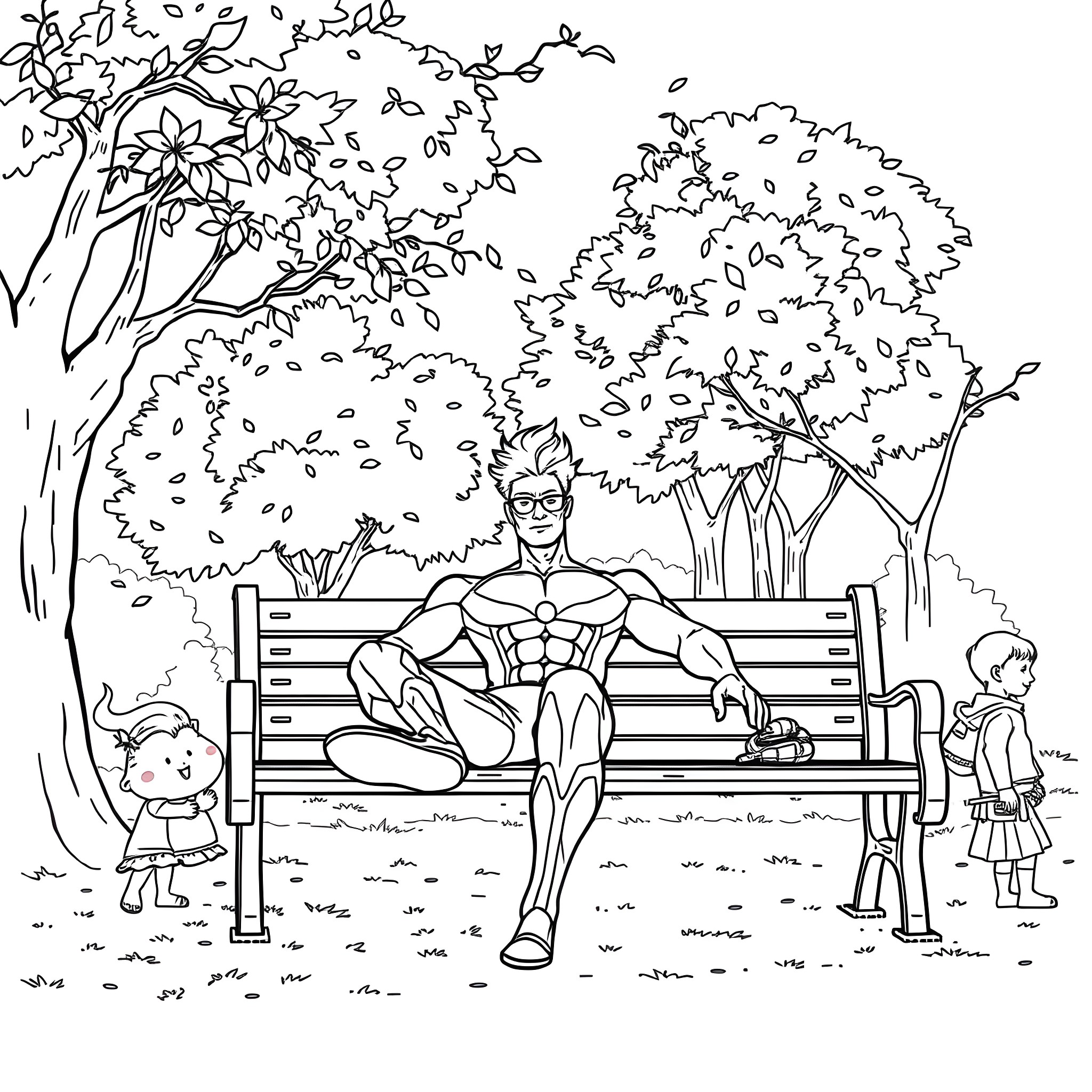 All Might's Relaxing Day in the Park Coloring Page (free black-and-white line drawing printable PDF for all, from beginners to advanced learners, including children, teens, adults, and seniors)