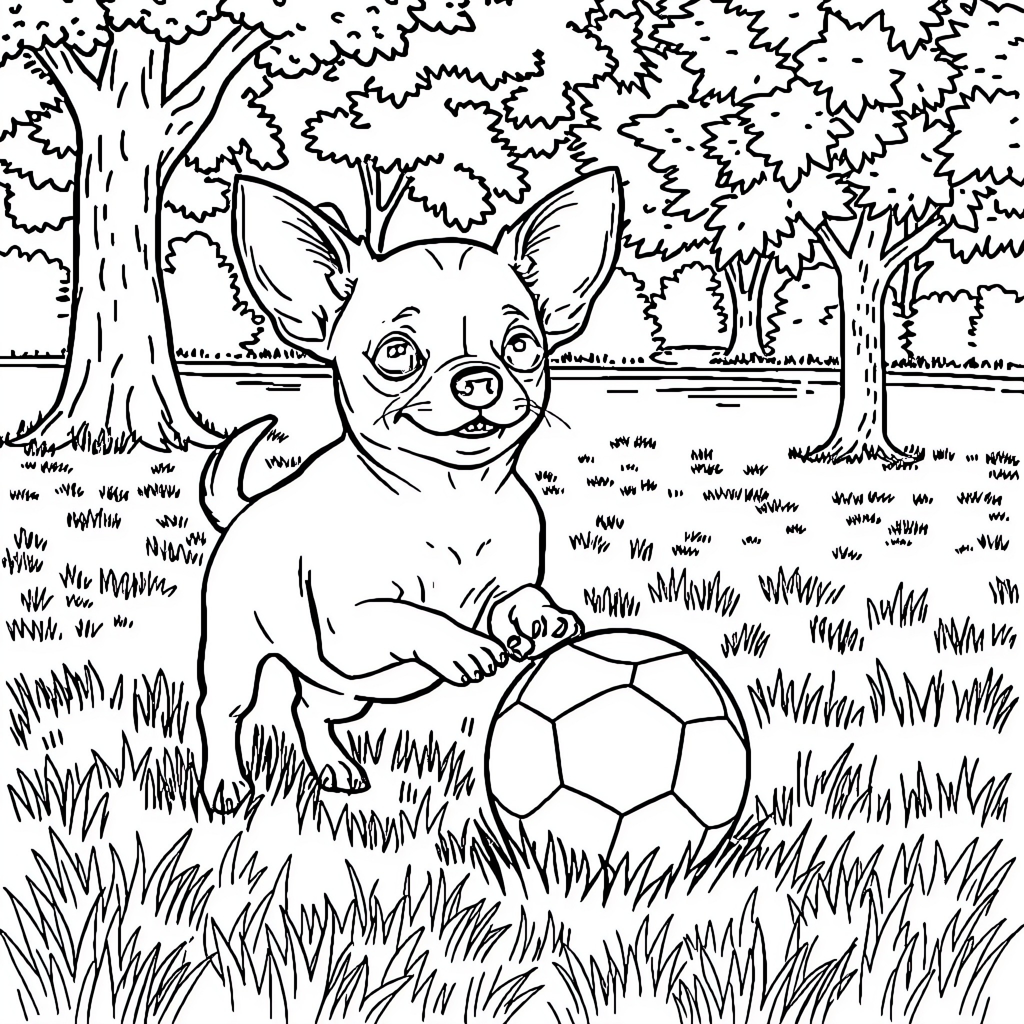 Chihuahua playing with soccer ball in park Coloring Page (free black-and-white line drawing printable PDF for all, from beginners to advanced learners, including children, teens, adults, and seniors)