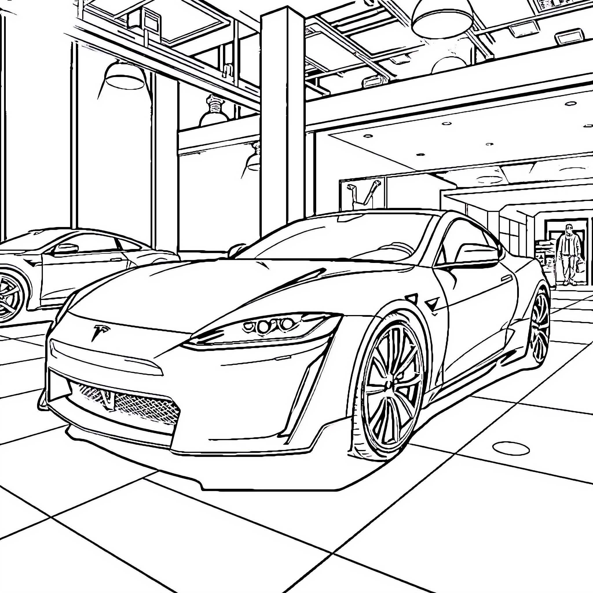 Tesla sports cars in a modern showroom Coloring Page (free black-and-white line drawing printable PDF for all, from beginners to advanced learners, including children, teens, adults, and seniors)