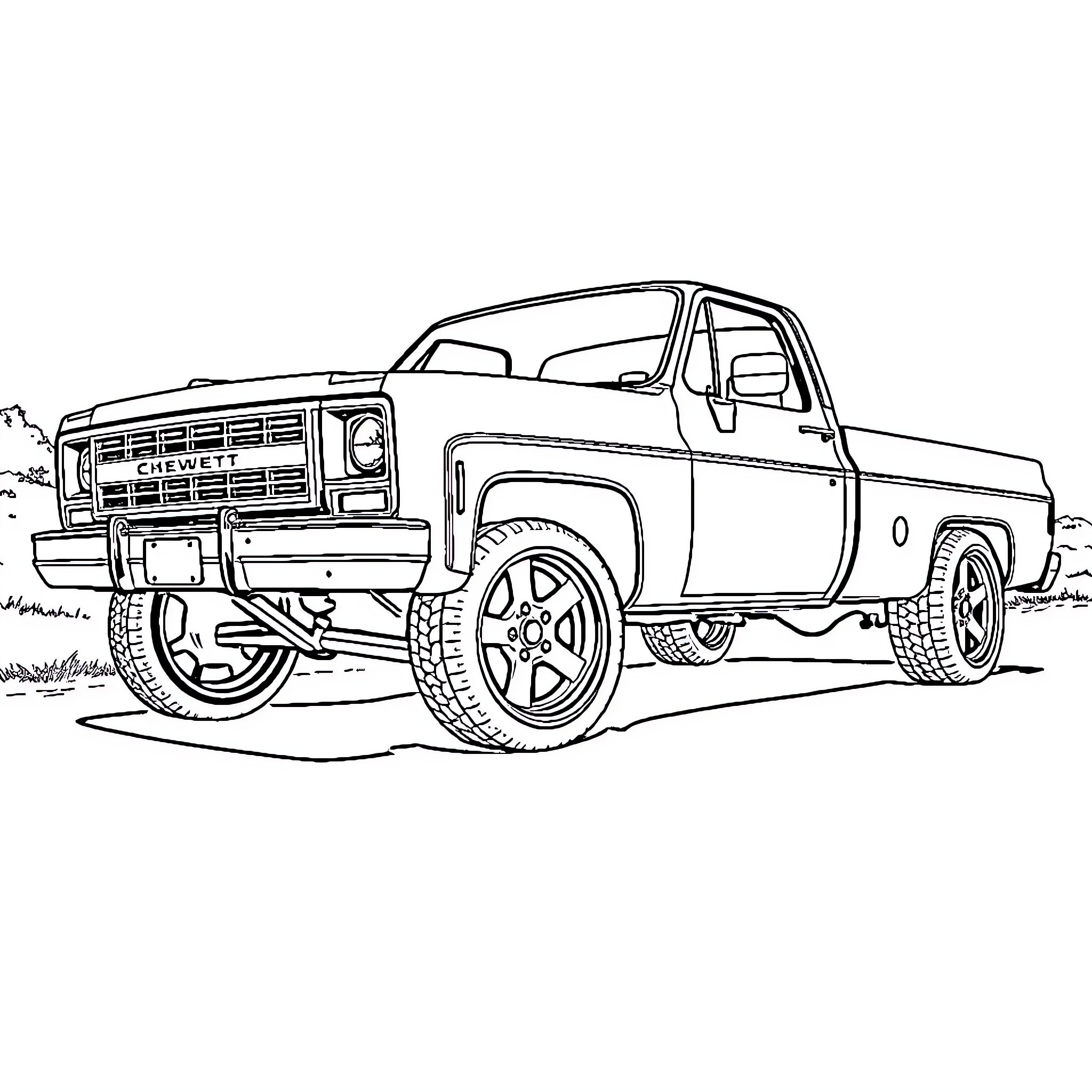 Chevy Pickup Truck on Rugged Terrain Coloring Page (free black-and-white line drawing printable PDF for all, from beginners to advanced learners, including children, teens, adults, and seniors)