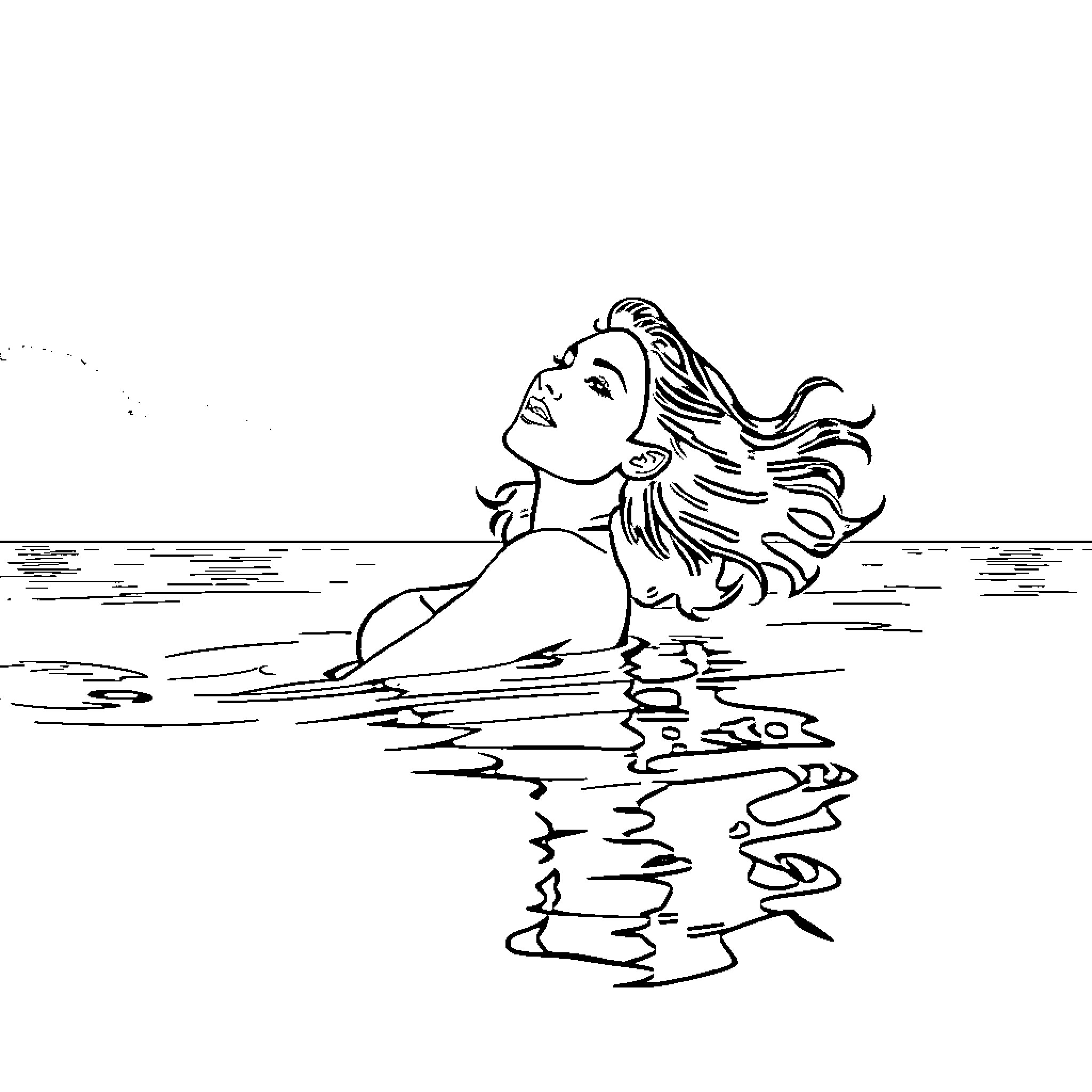 Woman floating calmly in serene waters Coloring Page (free black-and-white line drawing printable PDF for all, from beginners to advanced learners, including children, teens, adults, and seniors)