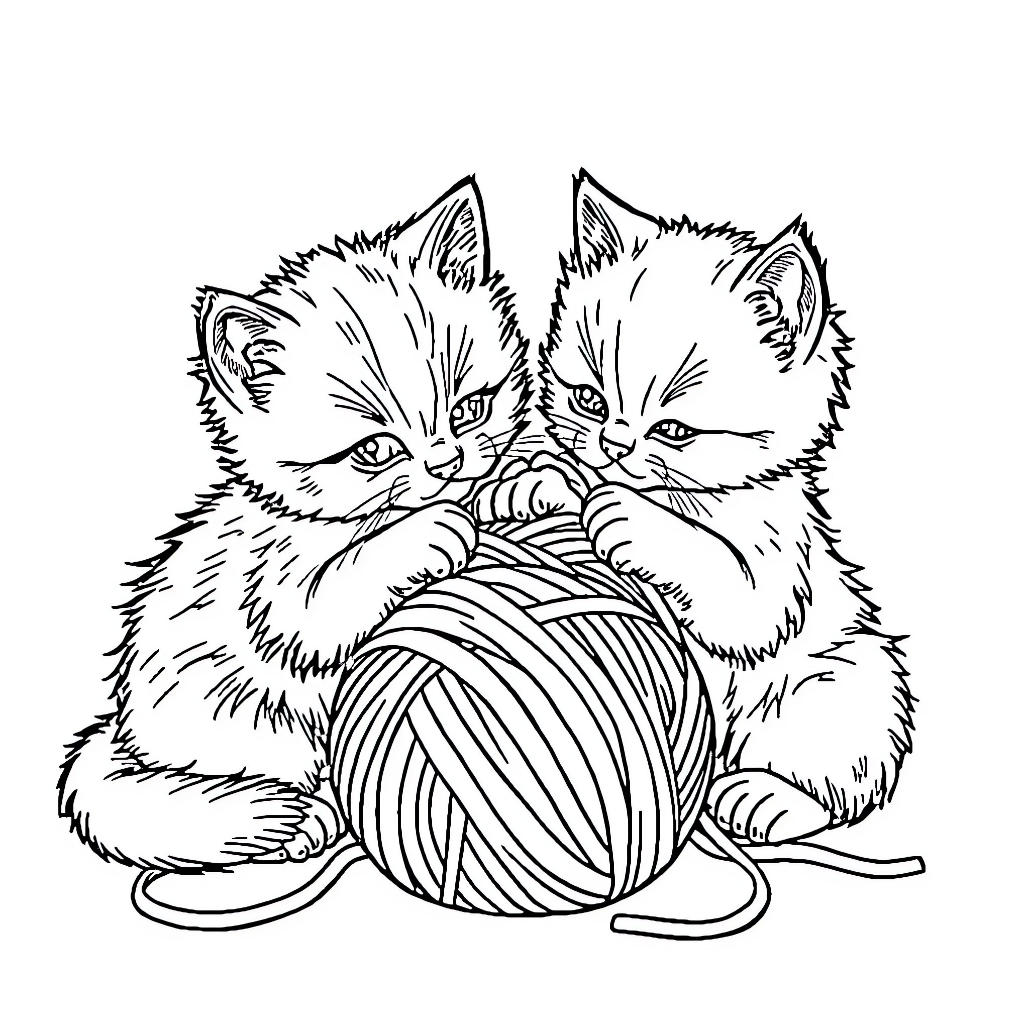 Kittens Playing with Yarn Ball Coloring Page (free black-and-white line drawing printable PDF for all, from beginners to advanced learners, including children, teens, adults, and seniors)