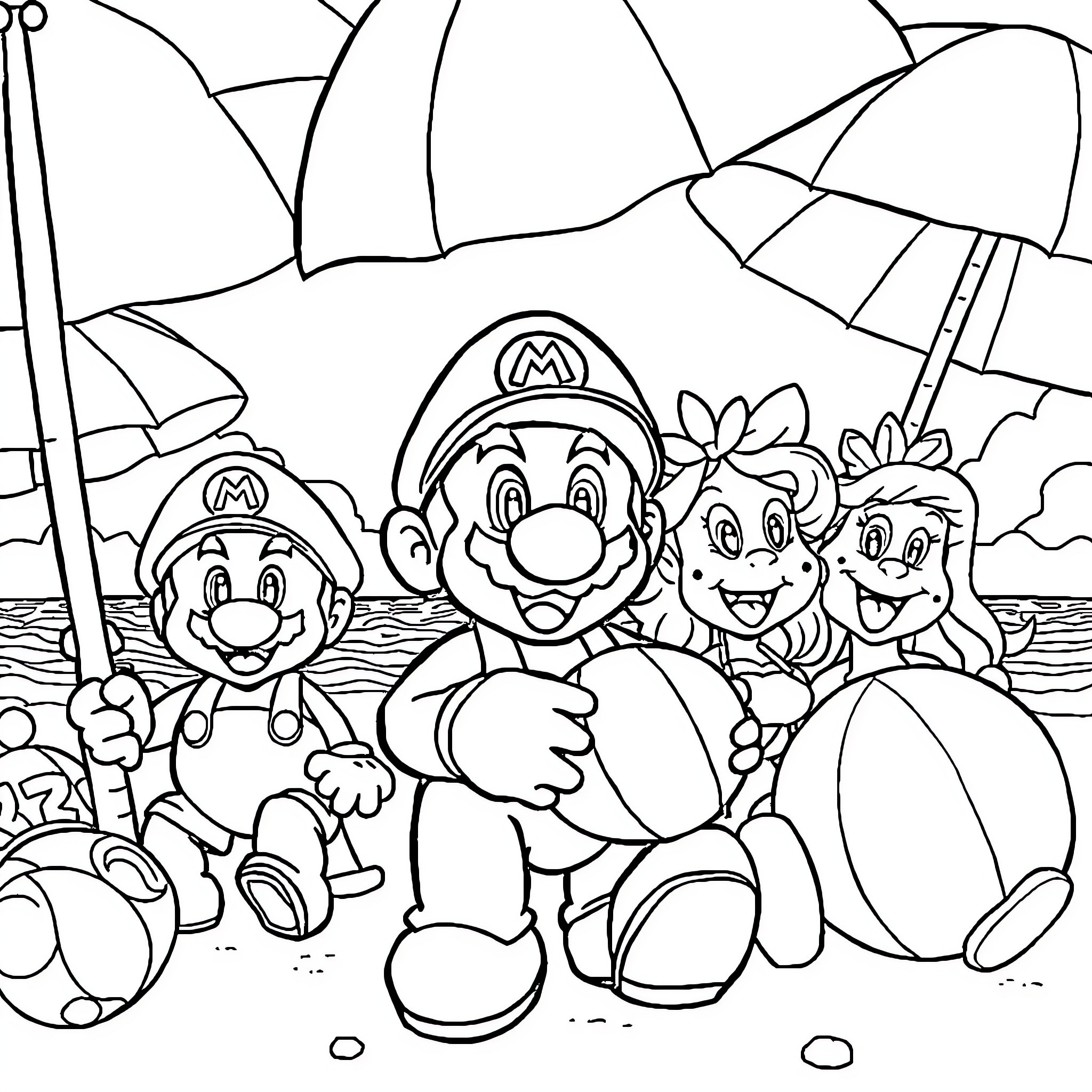 Mario and friends enjoying a day at the beach Coloring Page (free black-and-white line drawing printable PDF for all, from beginners to advanced learners, including children, teens, adults, and seniors)