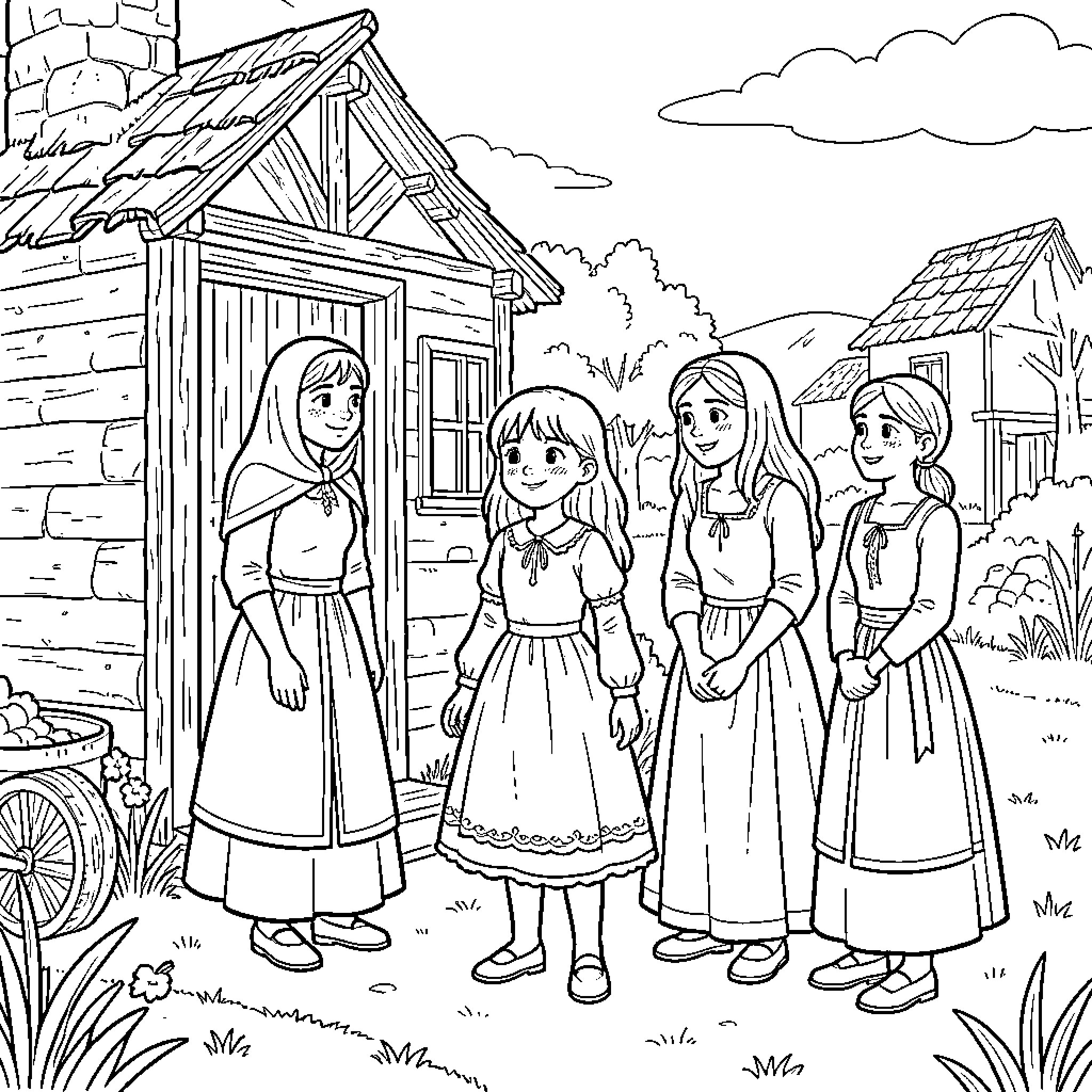 Cinderella smiling and standing with her sisters outside Coloring Page (free black-and-white line drawing printable PDF for all, from beginners to advanced learners, including children, teens, adults, and seniors)