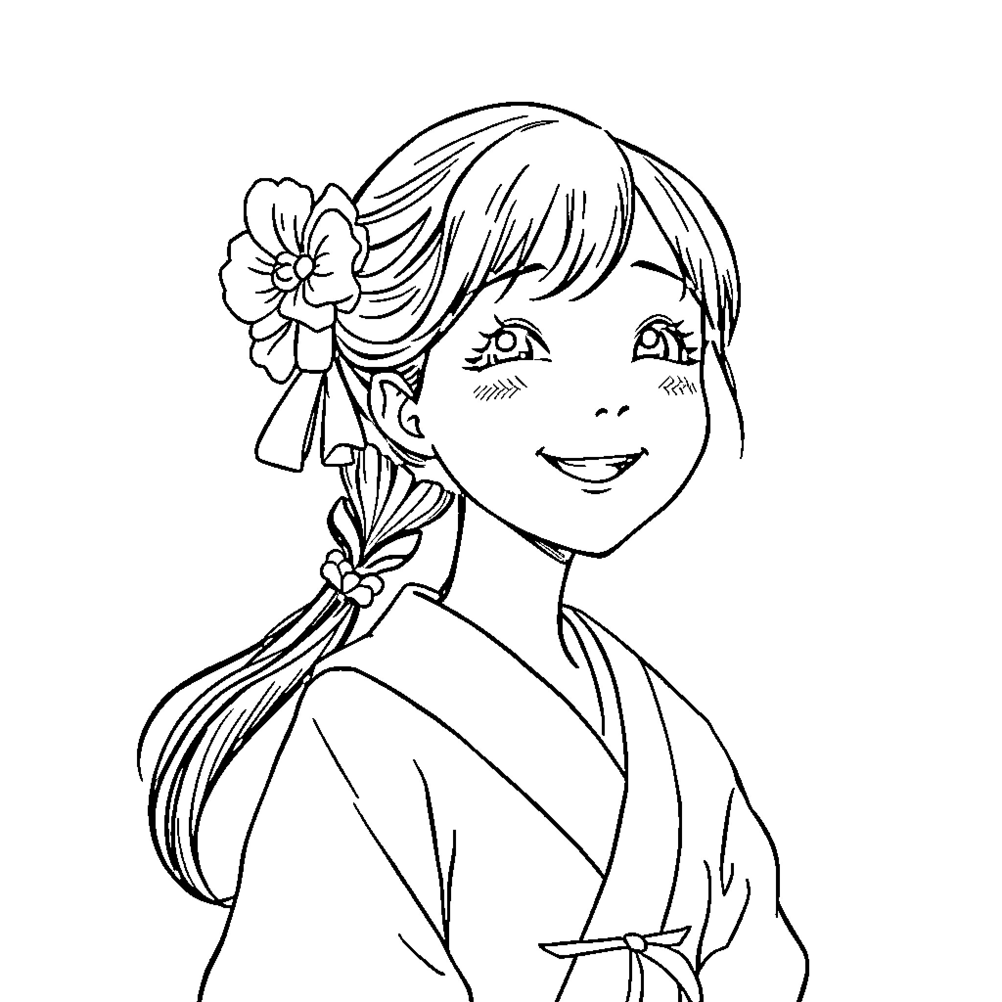 Fille wearing floral hairpiece with joyful expression Coloring Page (free black-and-white line drawing printable PDF for all, from beginners to advanced learners, including children, teens, adults, and seniors)