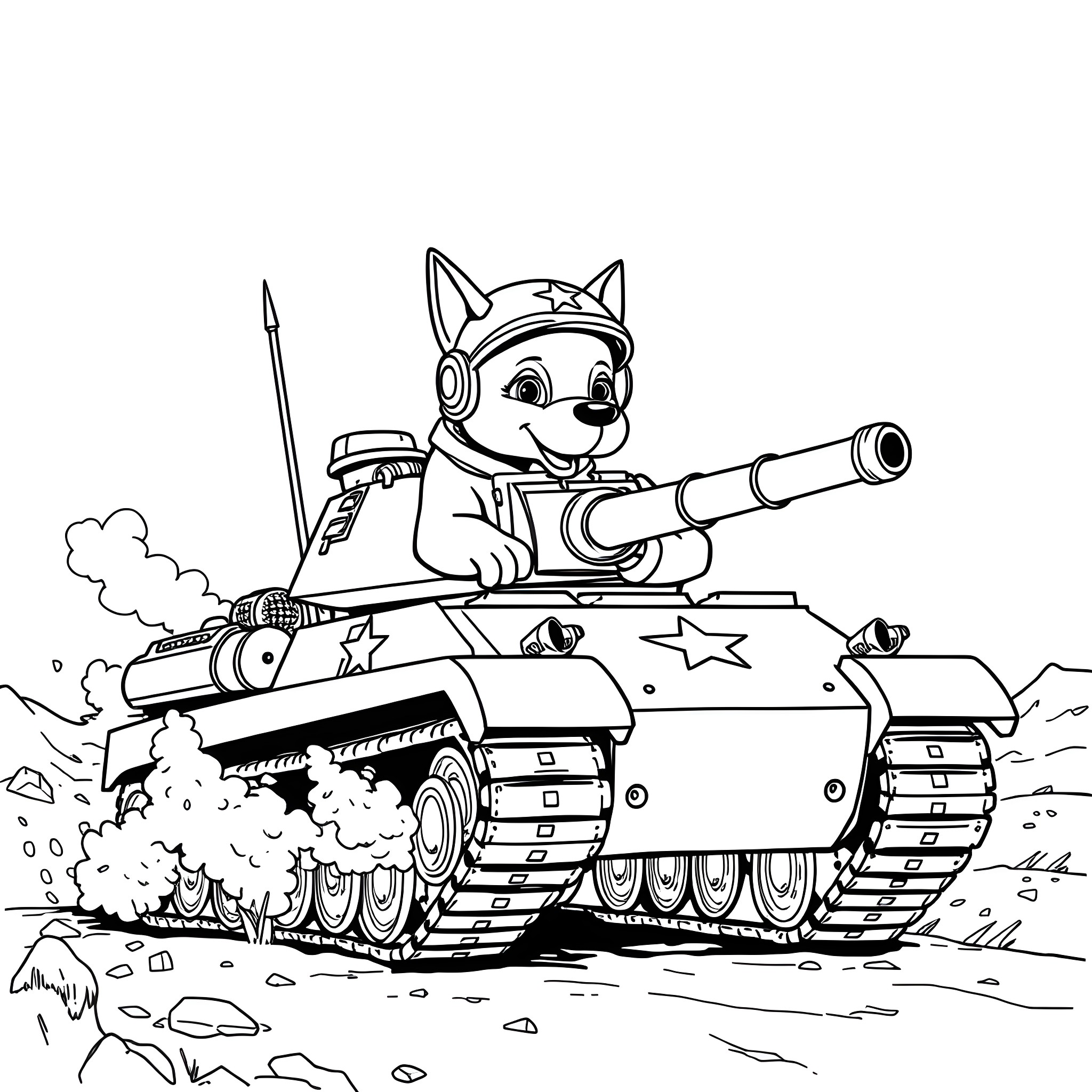 Dog driving a military tank on the battlefield Coloring Page (free black-and-white line drawing printable PDF for all, from beginners to advanced learners, including children, teens, adults, and seniors)