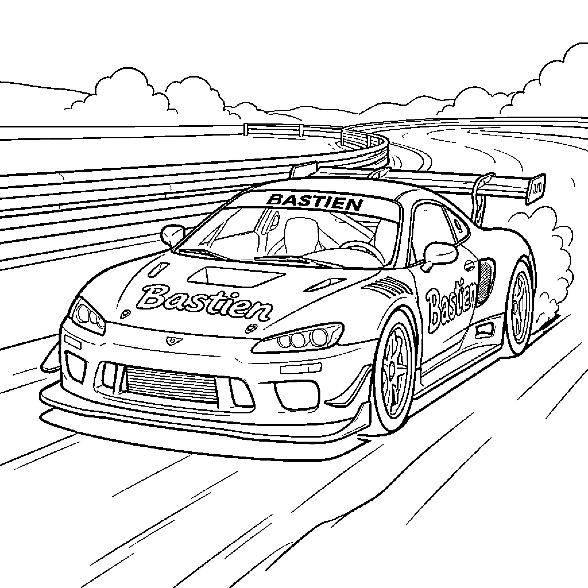 Voiture racing fast on a winding mountain track Coloring Page (free black-and-white line drawing printable PDF for all, from beginners to advanced learners, including children, teens, adults, and seniors)