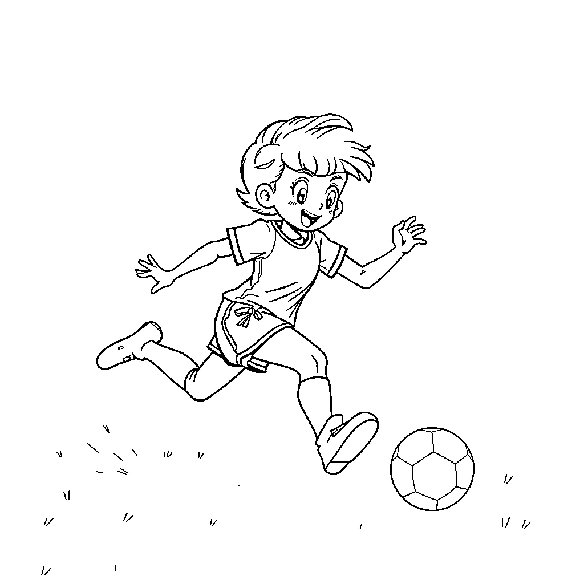 Bulma Playing Soccer Energetically Coloring Page (free black-and-white line drawing printable PDF for all, from beginners to advanced learners, including children, teens, adults, and seniors)