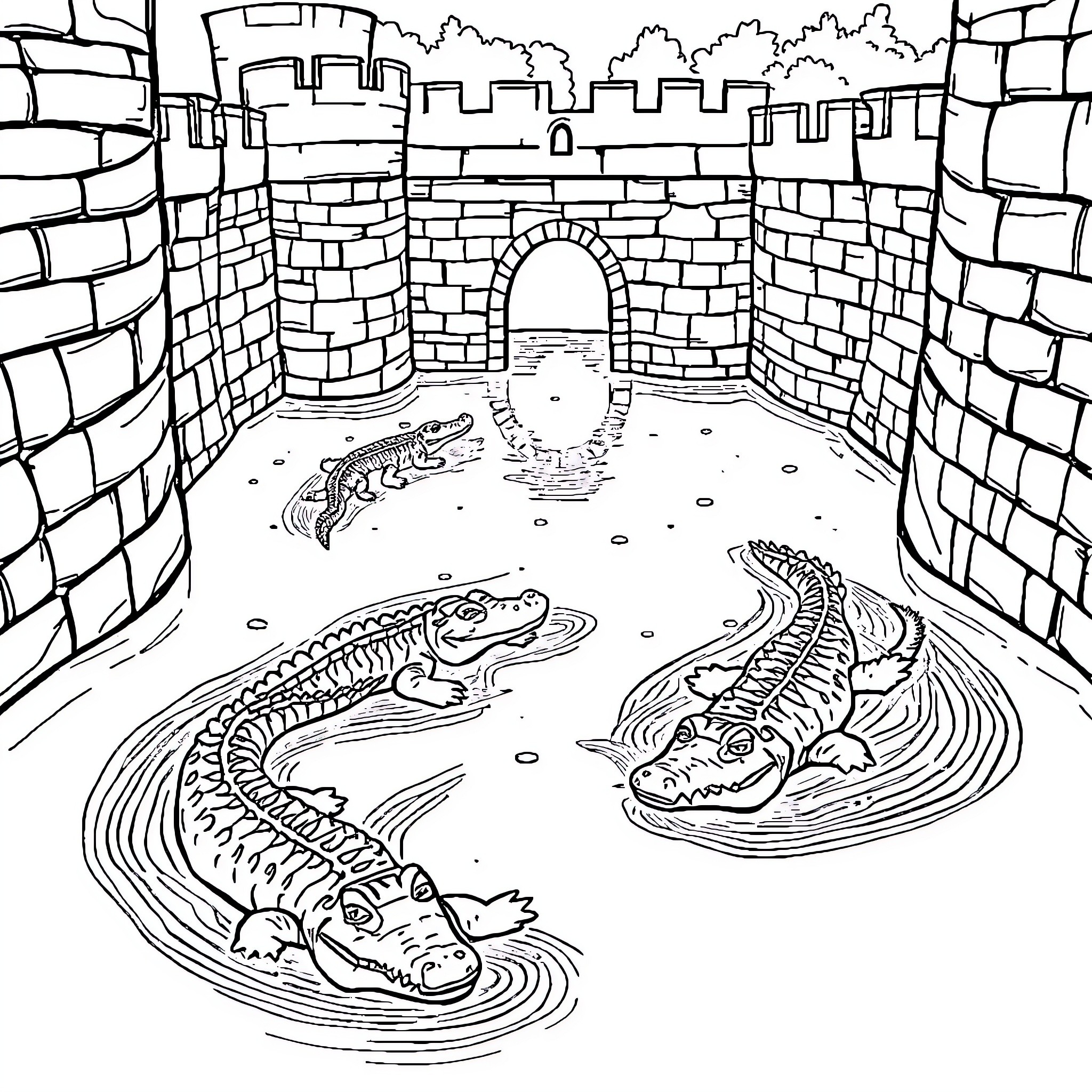 Alligators swimming in moat under castle walls Coloring Page (free black-and-white line drawing printable PDF for all, from beginners to advanced learners, including children, teens, adults, and seniors)