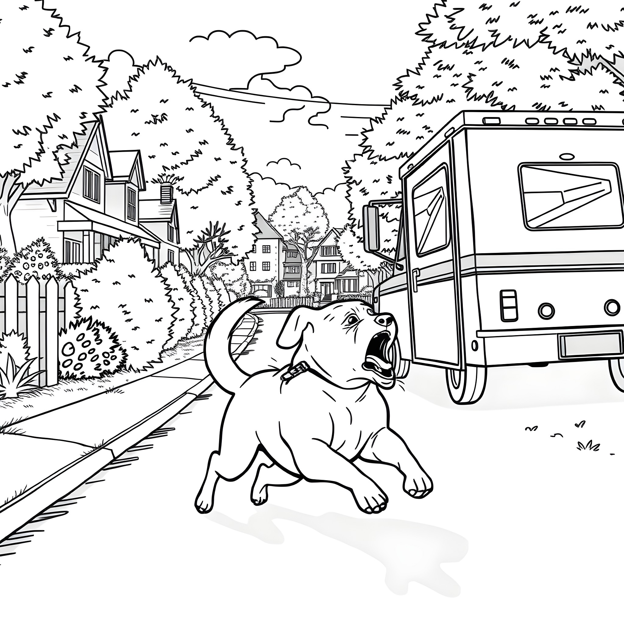 Dog playing joyfully in suburban neighborhood Coloring Page (free black-and-white line drawing printable PDF for all, from beginners to advanced learners, including children, teens, adults, and seniors)