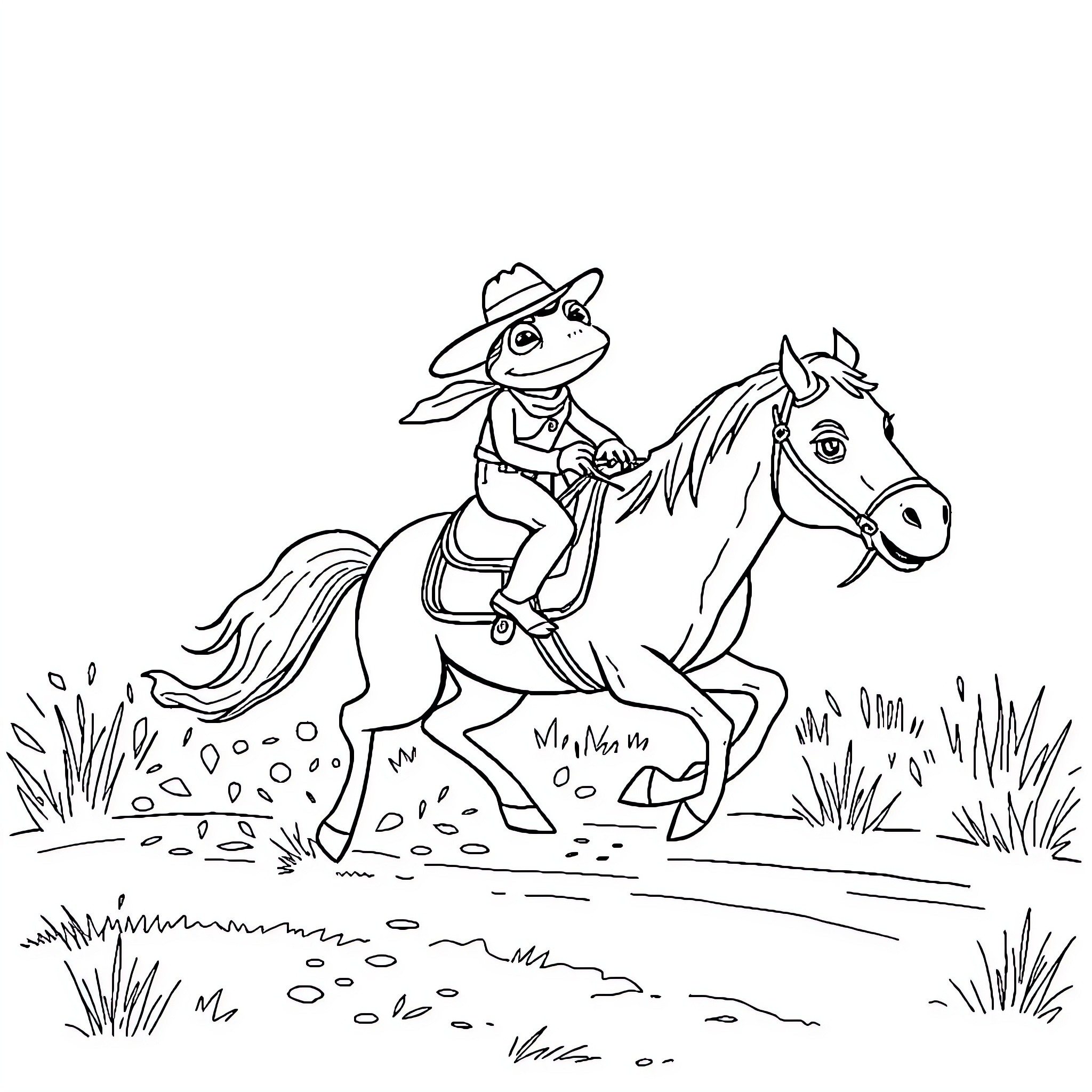 Frog riding a horse through the countryside Coloring Page (free black-and-white line drawing printable PDF for all, from beginners to advanced learners, including children, teens, adults, and seniors)
