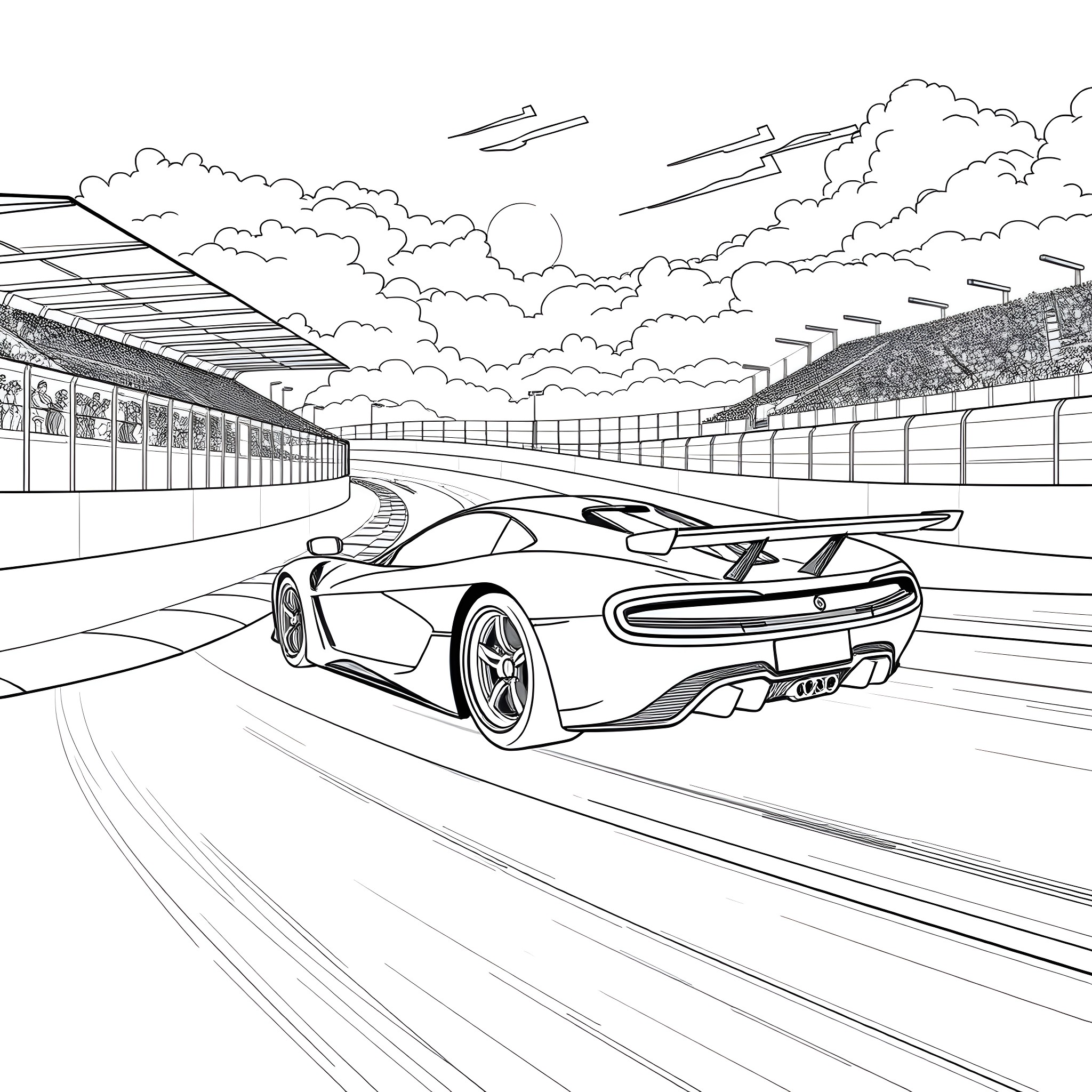 Sports Car Racing on Racetrack with Clouds Coloring Page (free black-and-white line drawing printable PDF for all, from beginners to advanced learners, including children, teens, adults, and seniors)
