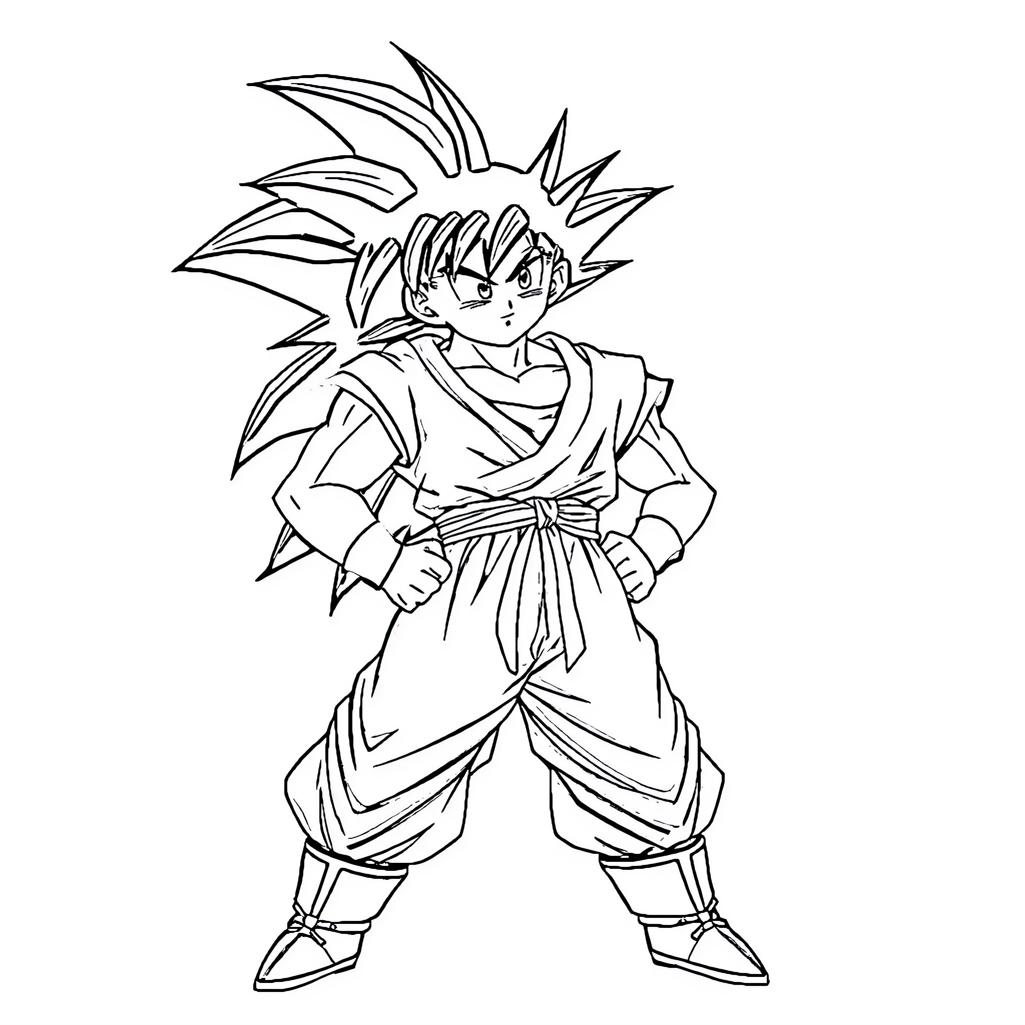 Goku in a fighting stance with unique hairstyle Coloring Page (free black-and-white line drawing printable PDF for all, from beginners to advanced learners, including children, teens, adults, and seniors)