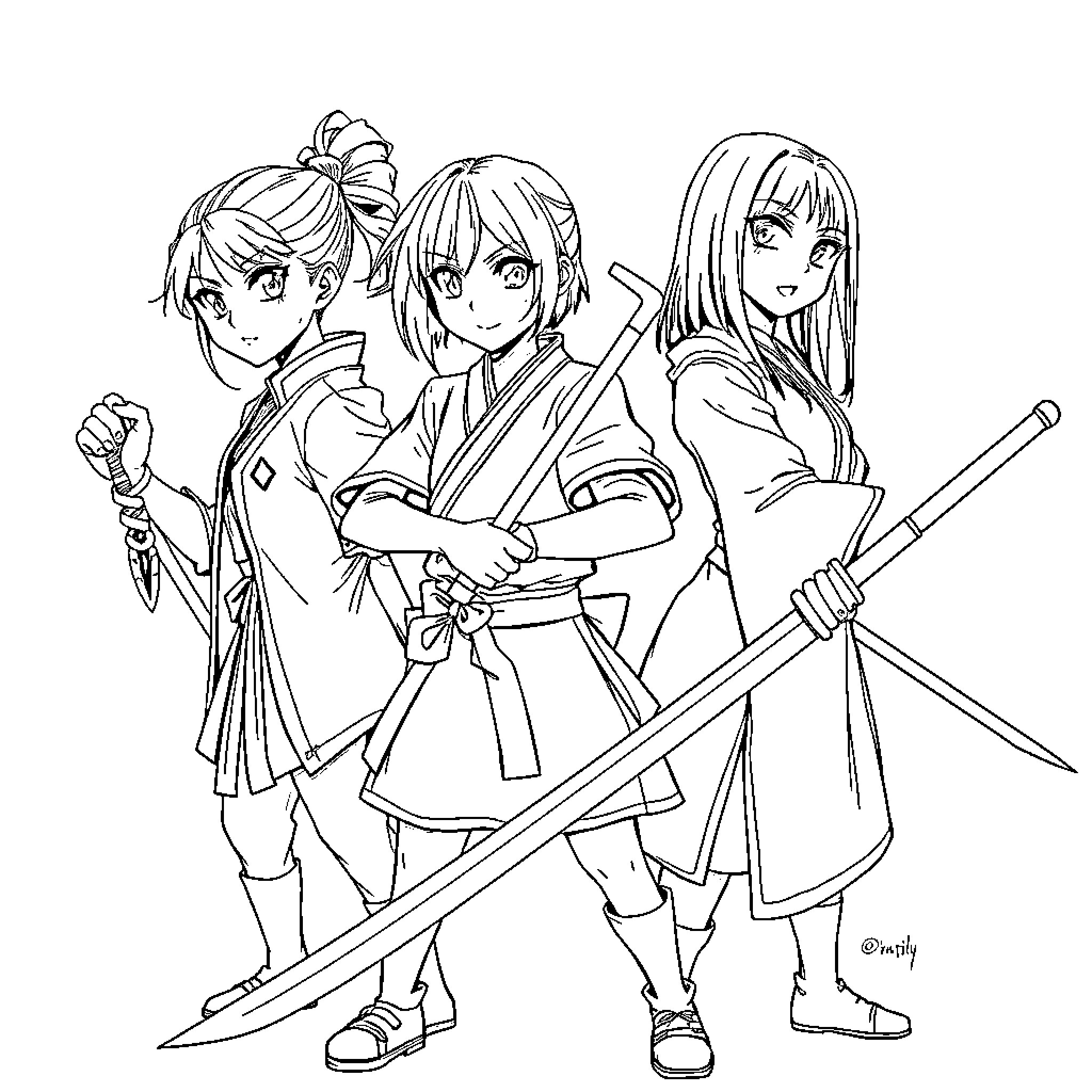 Girl Samurai Warriors Posing with Swords Coloring Page (free black-and-white line drawing printable PDF for all, from beginners to advanced learners, including children, teens, adults, and seniors)