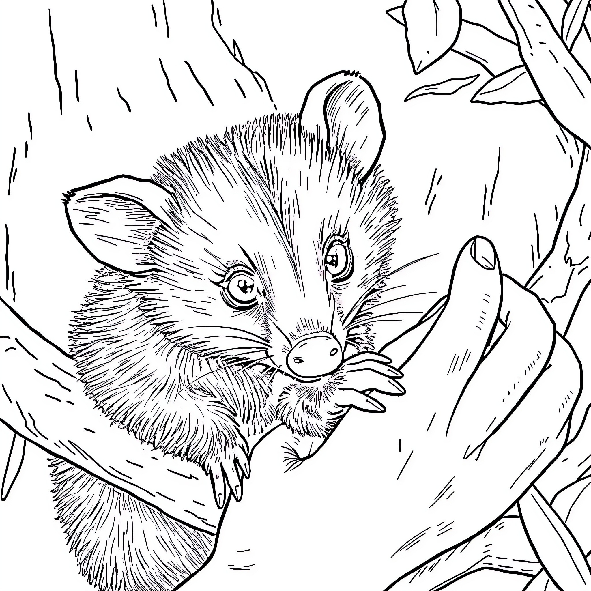 Opossum peering curiously from a hiding spot Coloring Page (free black-and-white line drawing printable PDF for all, from beginners to advanced learners, including children, teens, adults, and seniors)