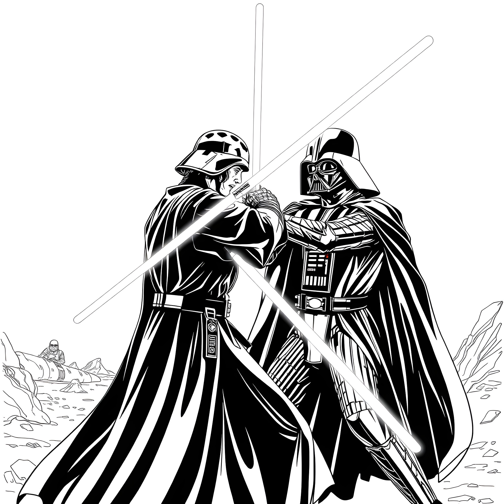 Anakin Skywalker confronts Darth Vader in an epic lightsaber duel Coloring Page (free black-and-white line drawing printable PDF for all, from beginners to advanced learners, including children, teens, adults, and seniors)
