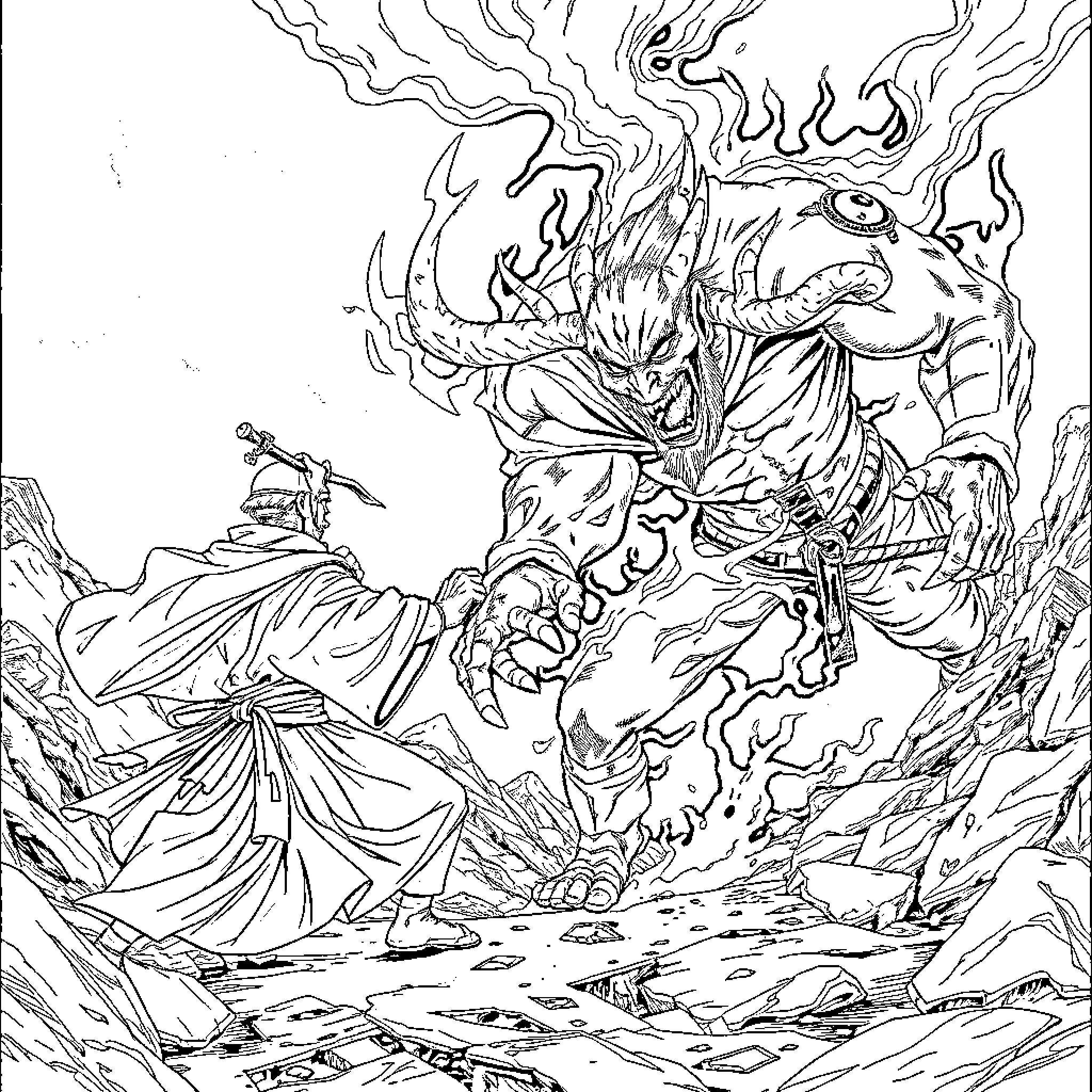 Satoru Gojo in an intense battle with a powerful foe Coloring Page (free black-and-white line drawing printable PDF for all, from beginners to advanced learners, including children, teens, adults, and seniors)