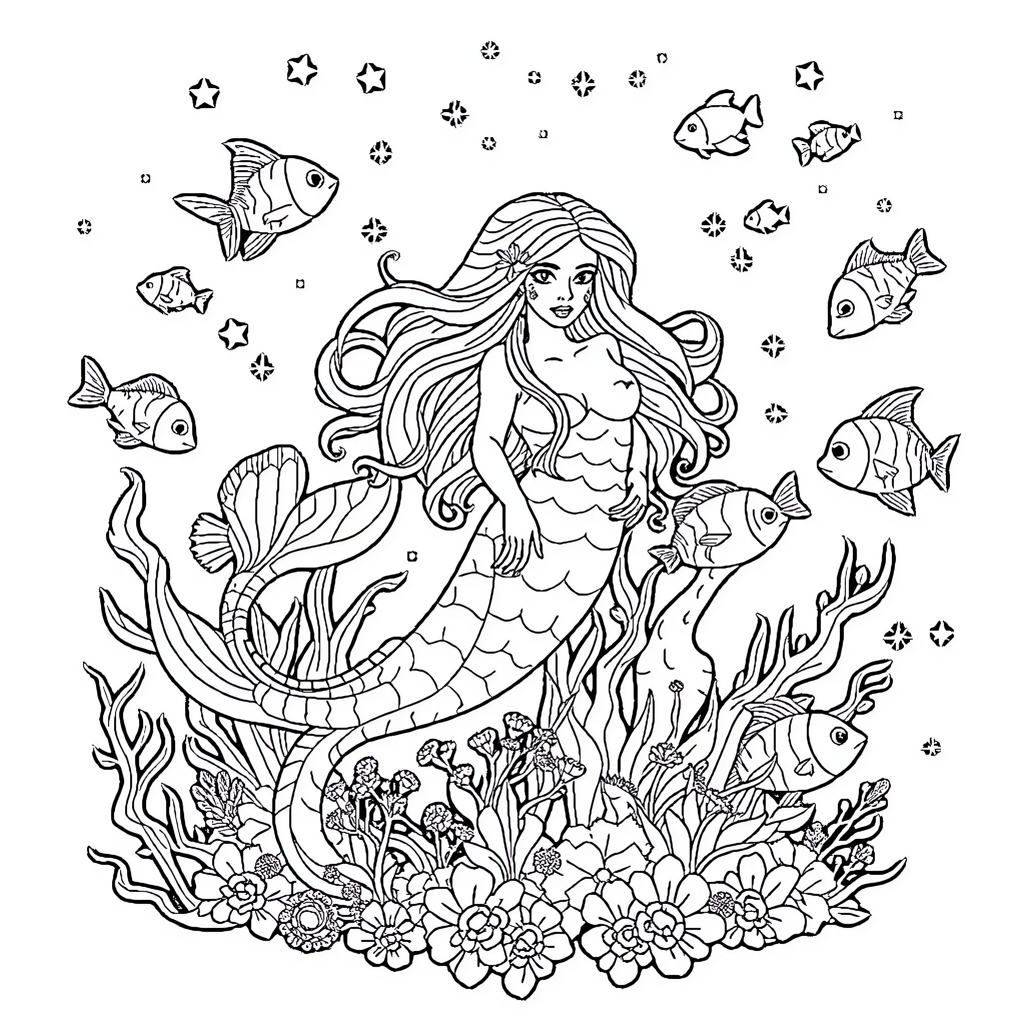 Mermaid surrounded by marine life in a vibrant underwater scene Coloring Page (free black-and-white line drawing printable PDF for all, from beginners to advanced learners, including children, teens, adults, and seniors)