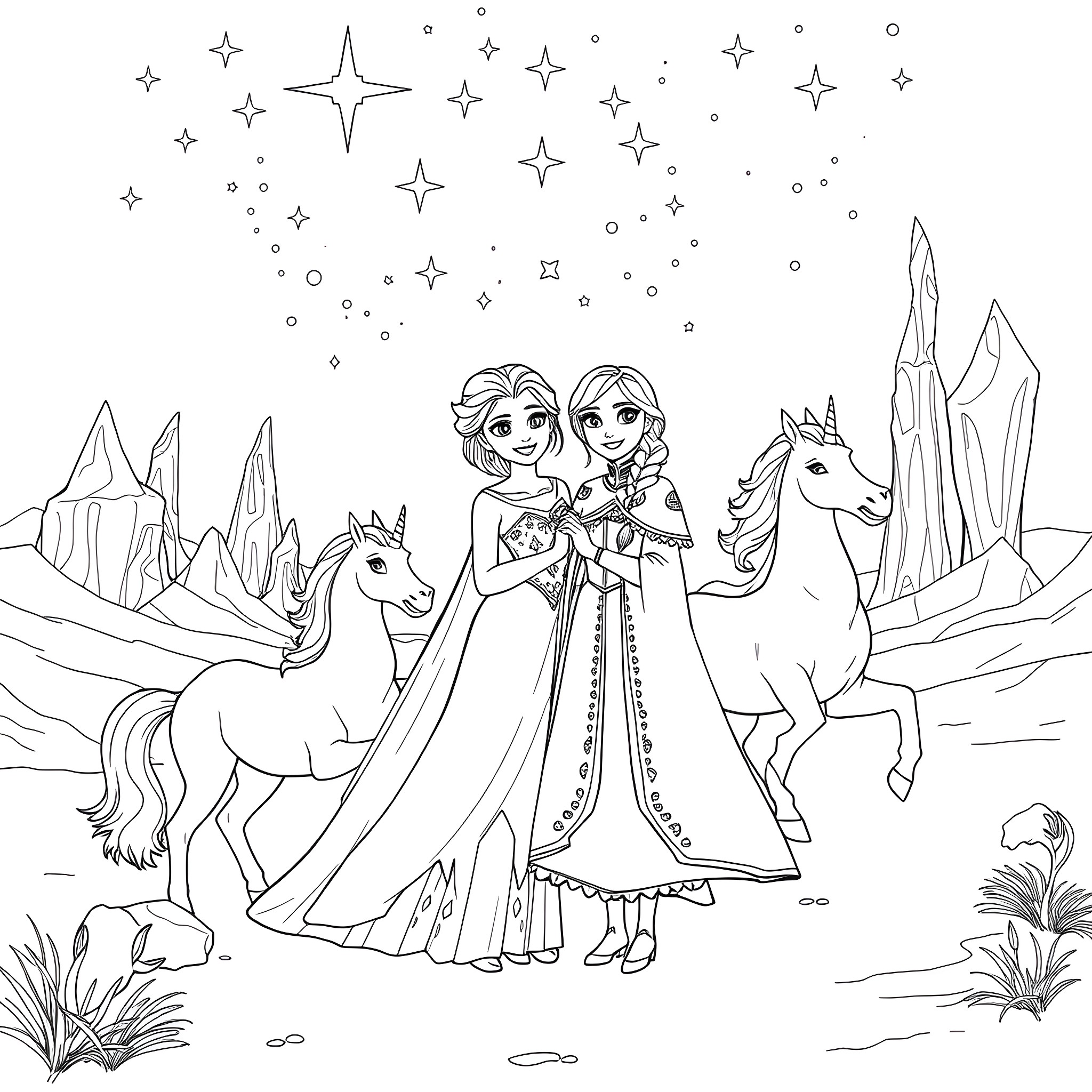 Elsa and Anna in a Magical Winter Wonderland Coloring Page (free black-and-white line drawing printable PDF for all, from beginners to advanced learners, including children, teens, adults, and seniors)