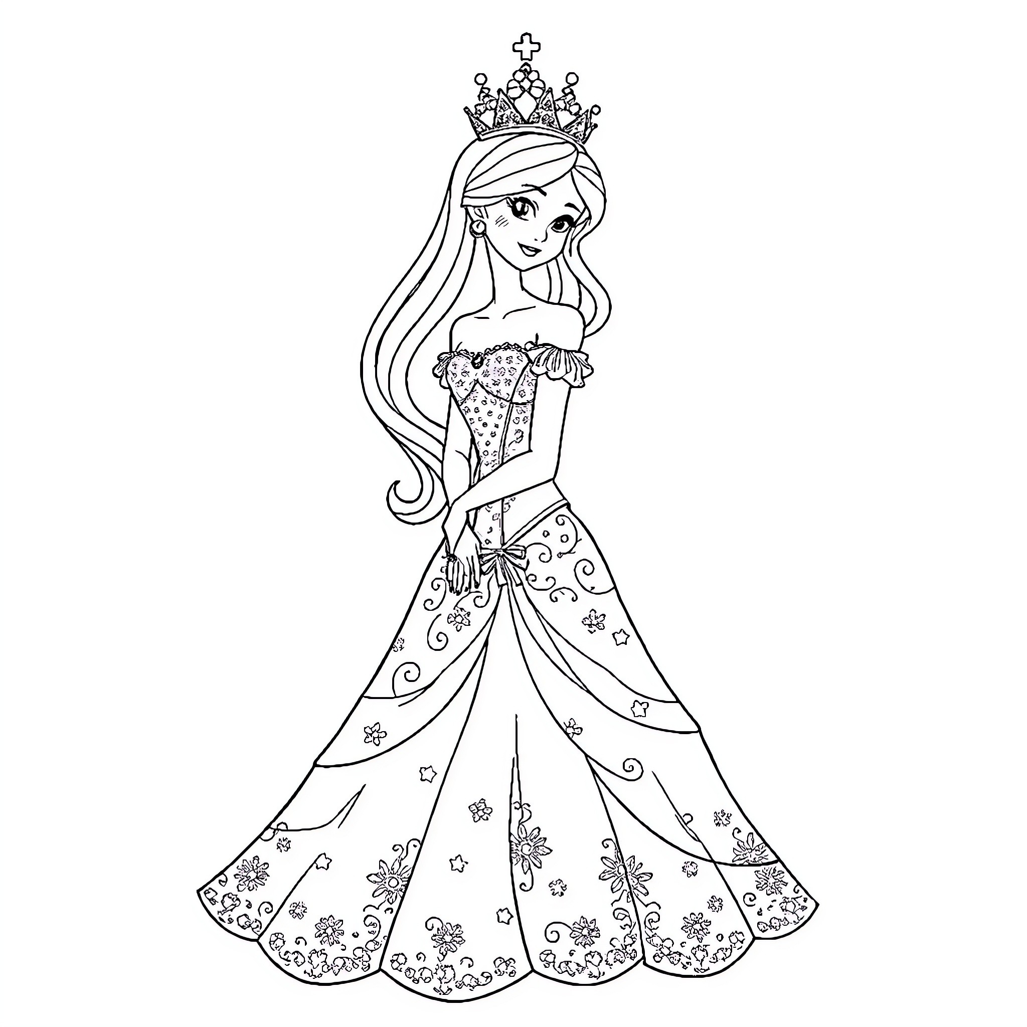Princess in Elegant Floral Dress and Crown Coloring Page (free black-and-white line drawing printable PDF for all, from beginners to advanced learners, including children, teens, adults, and seniors)