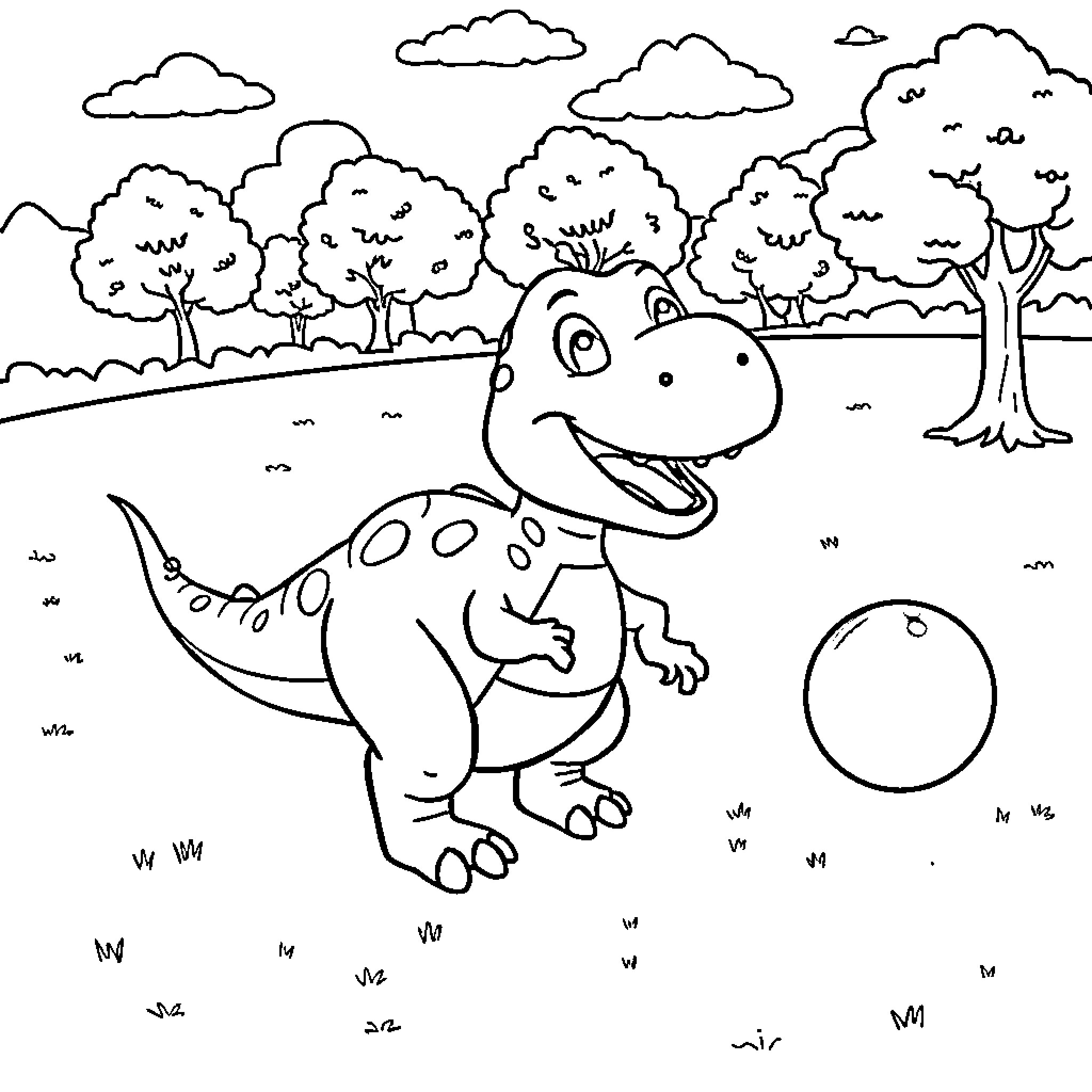 Dinosaur playing in the park Coloring Page (free black-and-white line drawing printable PDF for all, from beginners to advanced learners, including children, teens, adults, and seniors)