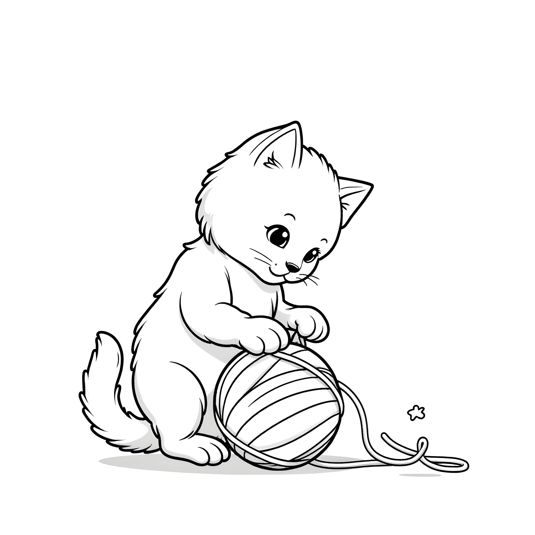 Kitten playing with a ball of yarn Coloring Page (free black-and-white line drawing printable PDF for all, from beginners to advanced learners, including children, teens, adults, and seniors)