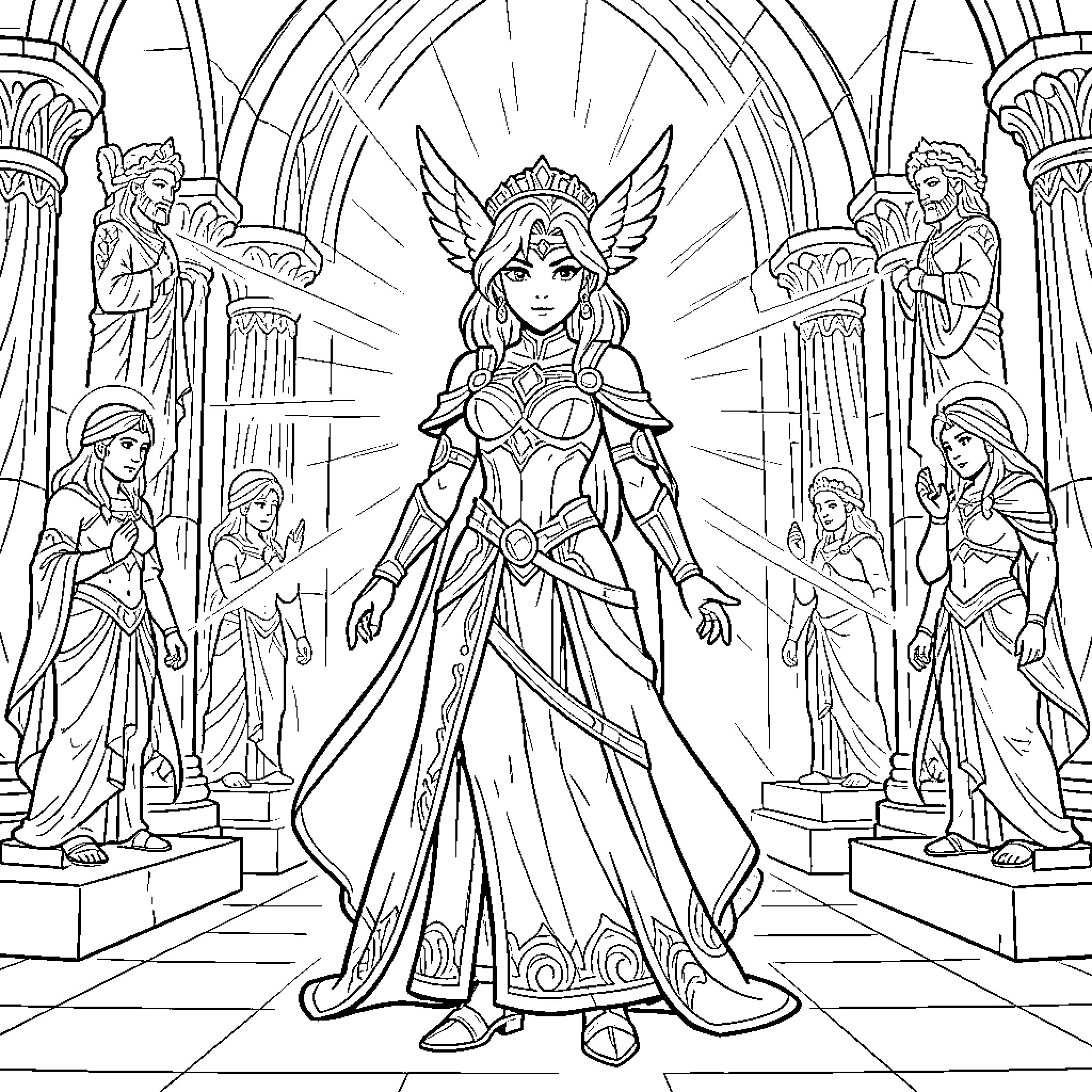 Palutena standing majestically in a grand temple Coloring Page (free black-and-white line drawing printable PDF for all, from beginners to advanced learners, including children, teens, adults, and seniors)