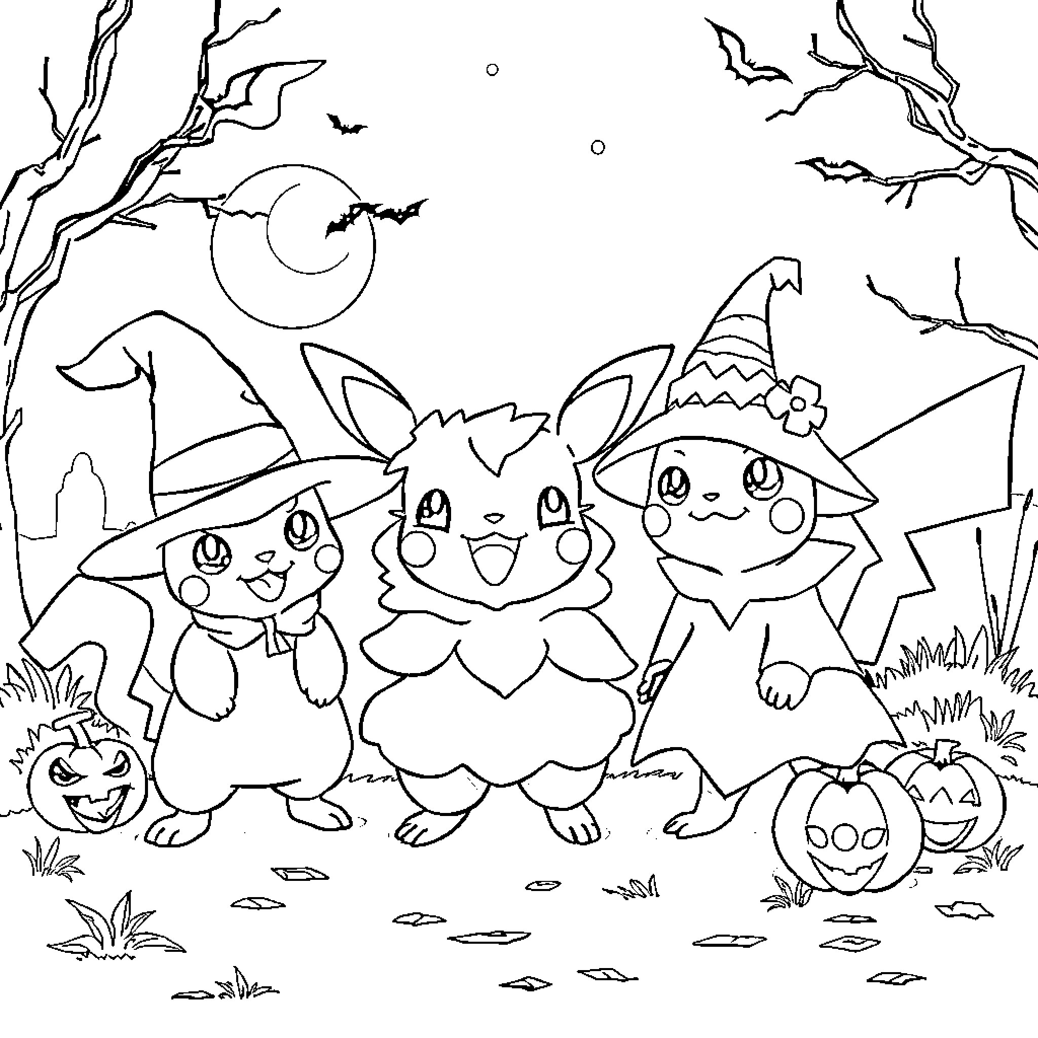 Pokémon characters celebrating Halloween Coloring Page (free black-and-white line drawing printable PDF for all, from beginners to advanced learners, including children, teens, adults, and seniors)