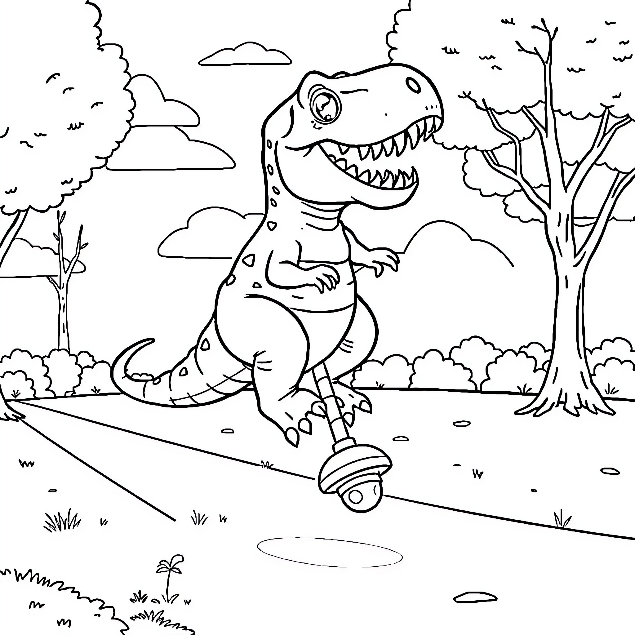 T-Rex skateboarding through the forest Coloring Page (free black-and-white line drawing printable PDF for all, from beginners to advanced learners, including children, teens, adults, and seniors)