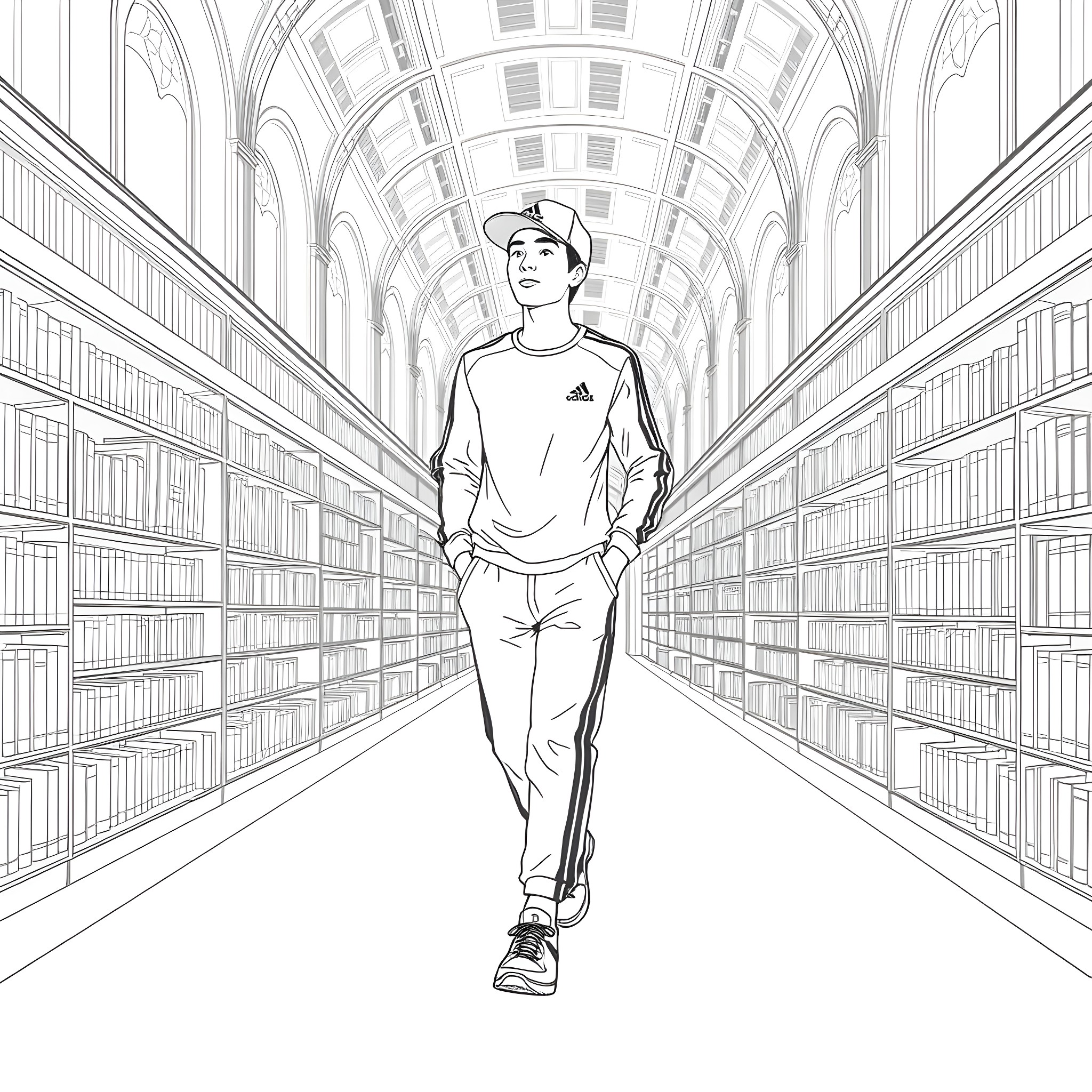 Teen Guy Exploring A Vast Library Coloring Page (free black-and-white line drawing printable PDF for all, from beginners to advanced learners, including children, teens, adults, and seniors)