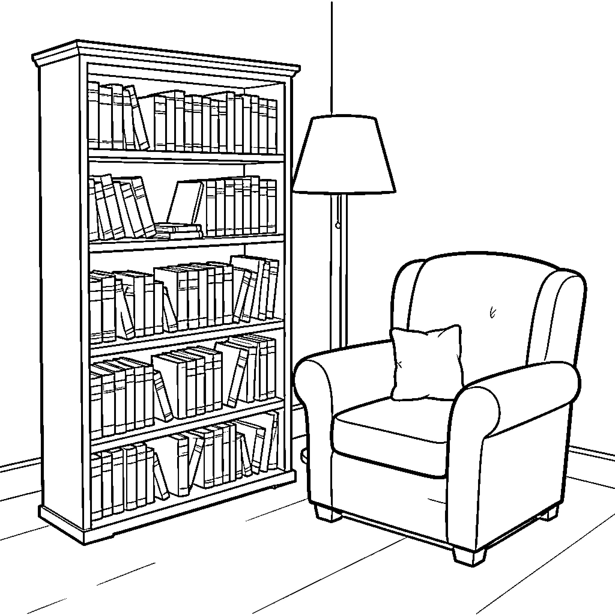 Caja cozy reading nook with armchair and bookshelf Coloring Page (free black-and-white line drawing printable PDF for all, from beginners to advanced learners, including children, teens, adults, and seniors)