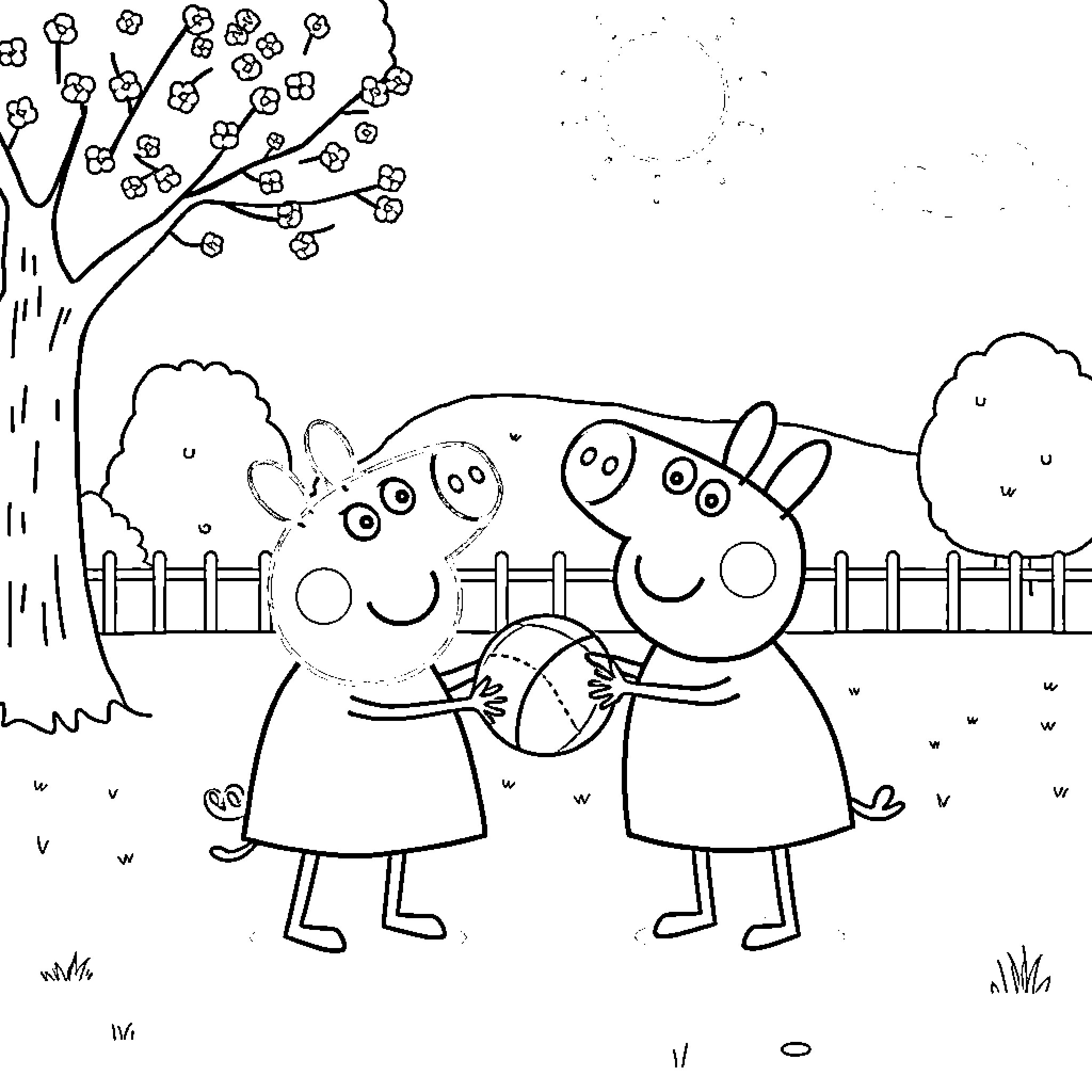 Peppa Pig and Friends Enjoying a Spring Day Coloring Page (free black-and-white line drawing printable PDF for all, from beginners to advanced learners, including children, teens, adults, and seniors)