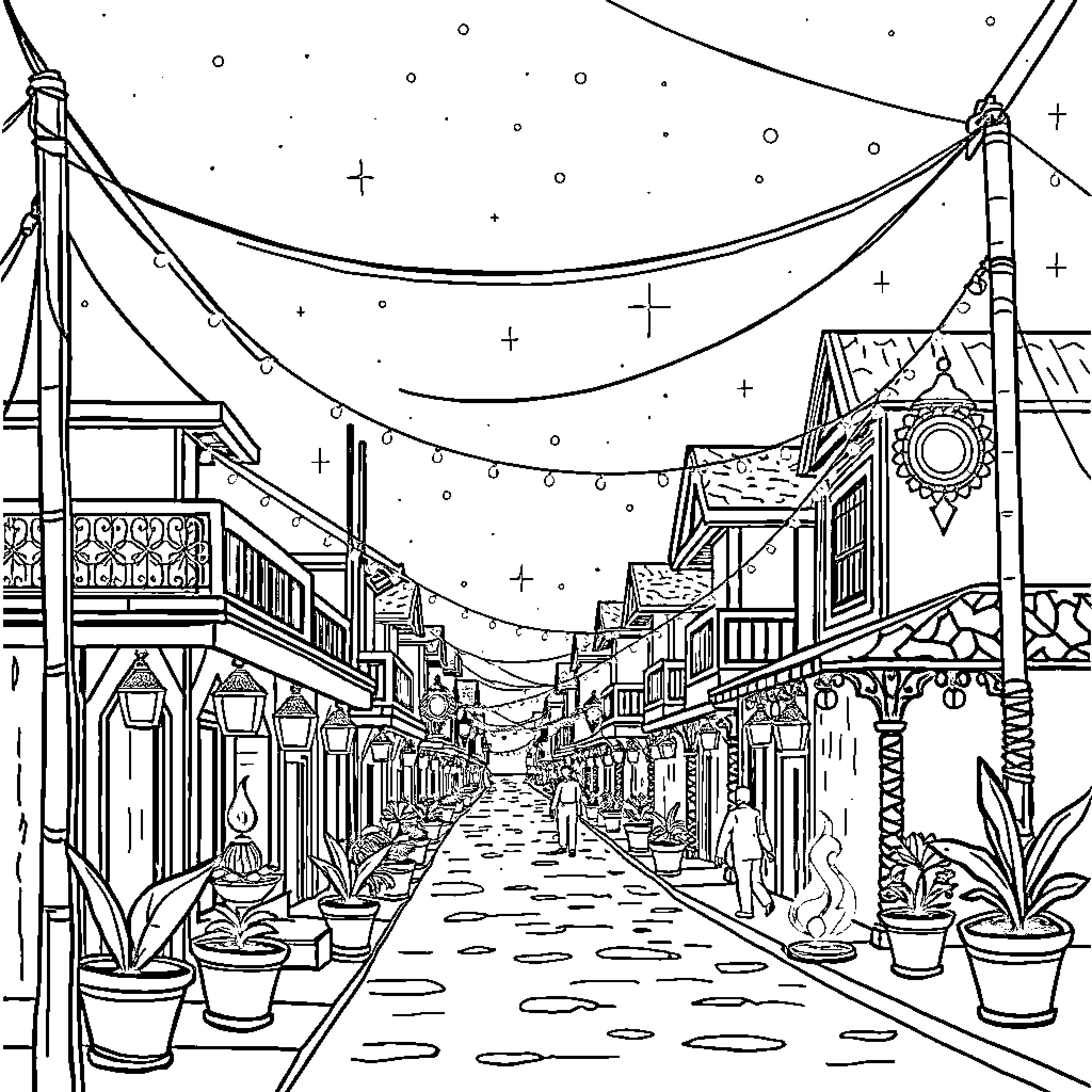 Diwali Lighting in a Festive Street Scene Coloring Page (free black-and-white line drawing printable PDF for all, from beginners to advanced learners, including children, teens, adults, and seniors)