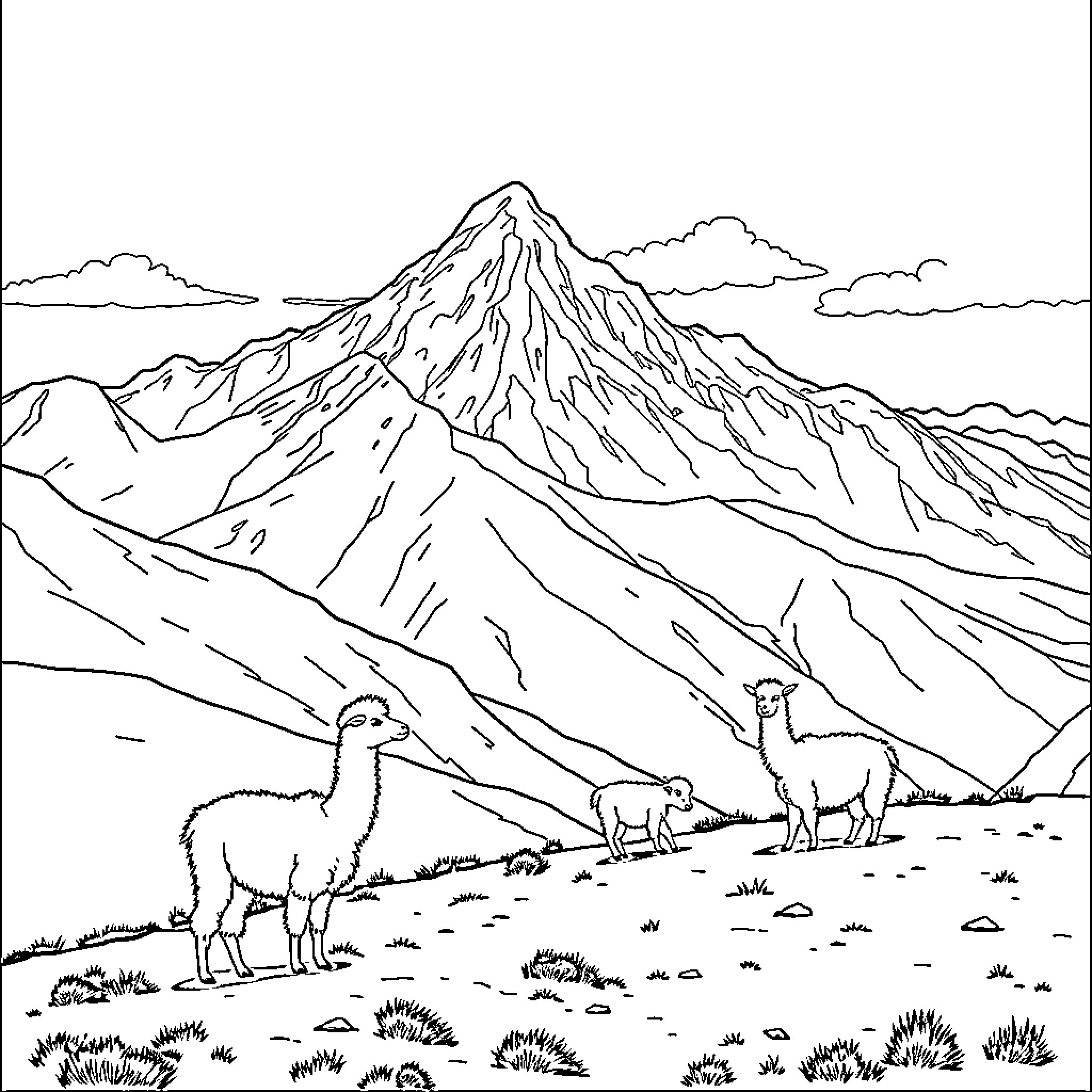 Alpacas grazing peacefully in the mountain landscape Coloring Page (free black-and-white line drawing printable PDF for all, from beginners to advanced learners, including children, teens, adults, and seniors)
